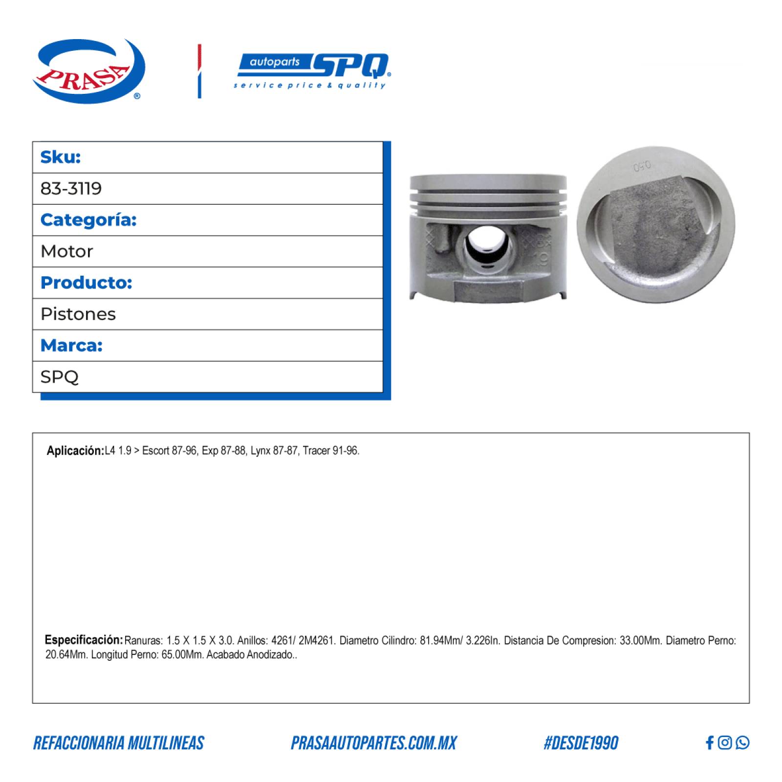 Pistones, SPQ; Para Ford Escort 1987-1996 L4; 1.9