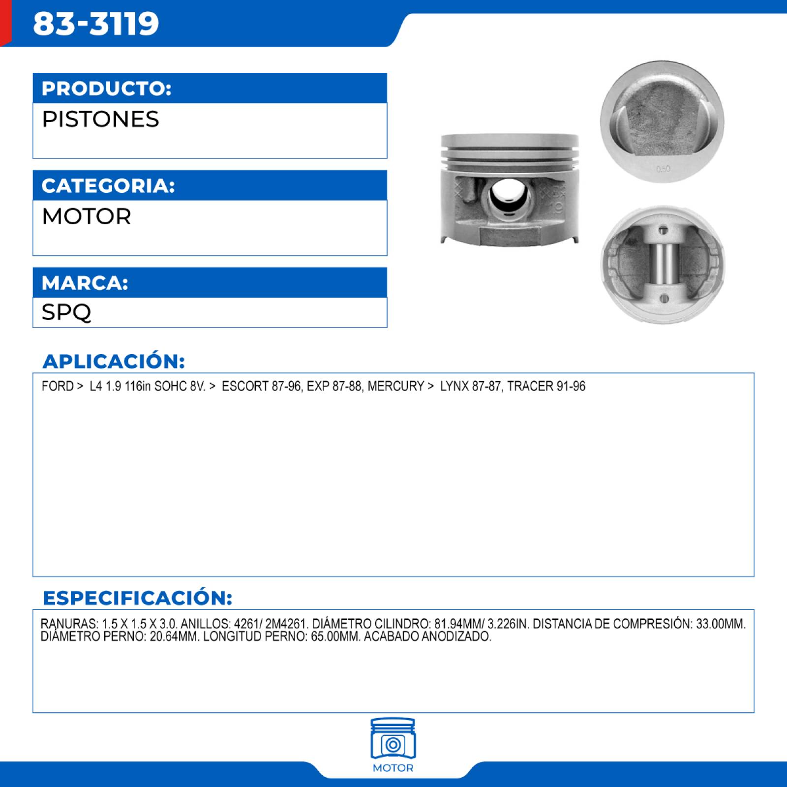 Pistones, SPQ; Para Ford Escort 1987-1996 L4; 1.9
