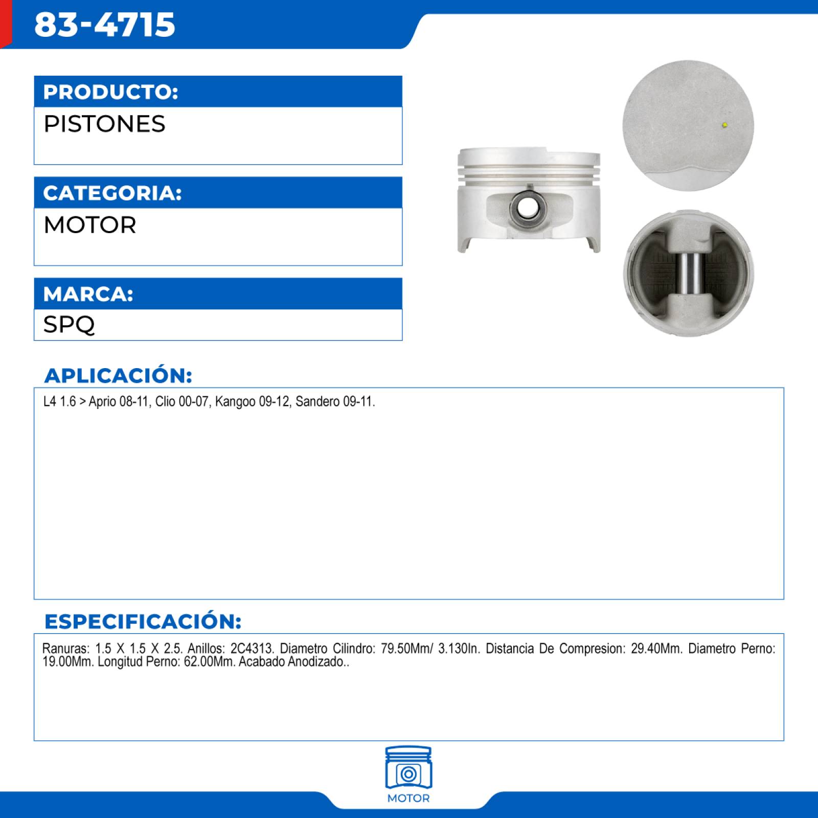 Pistones, SPQ; Para Nissan Aprio 2008-2011 L4; 1.6