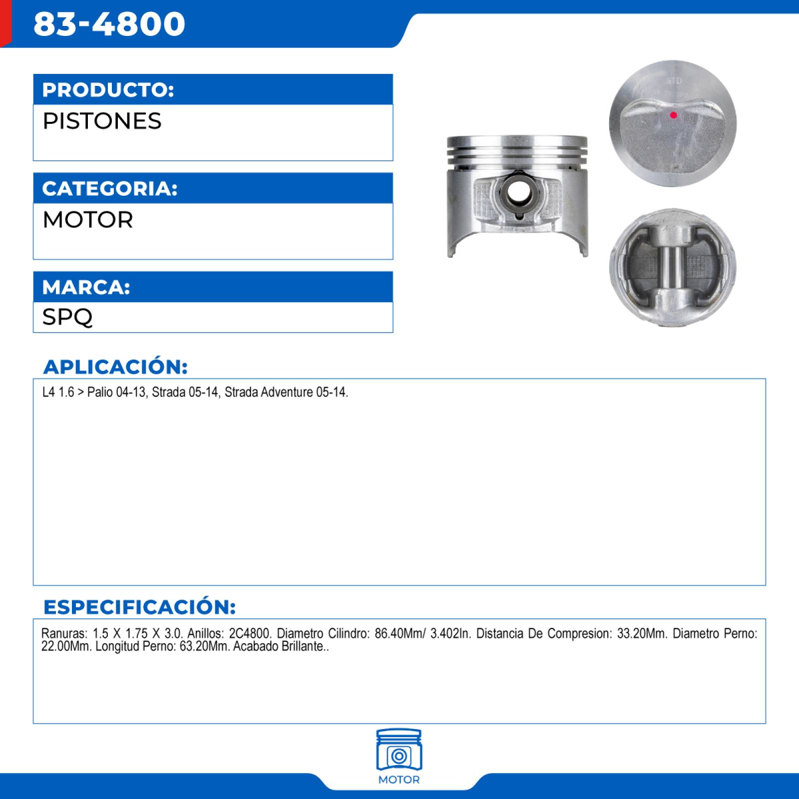 Pistones, SPQ; Para Fiat Palio 2004-2013 L4; 1.6