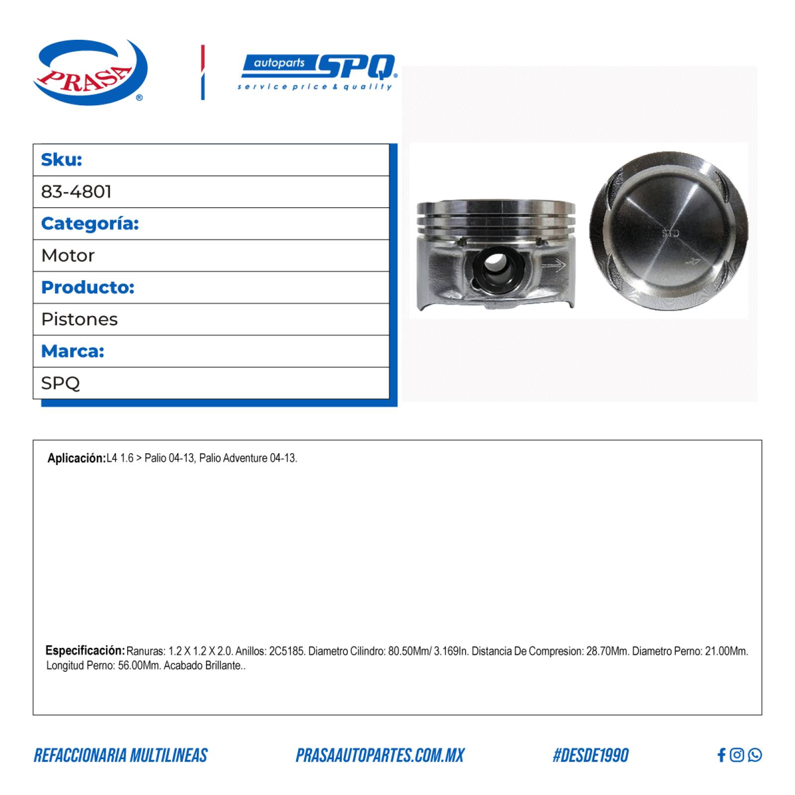 Pistones, SPQ; Para Fiat Palio 2004-2013 L4; 1.6