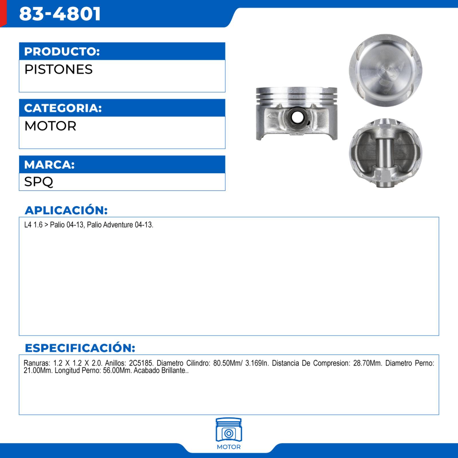 Pistones, SPQ; Para Fiat Palio 2004-2013 L4; 1.6