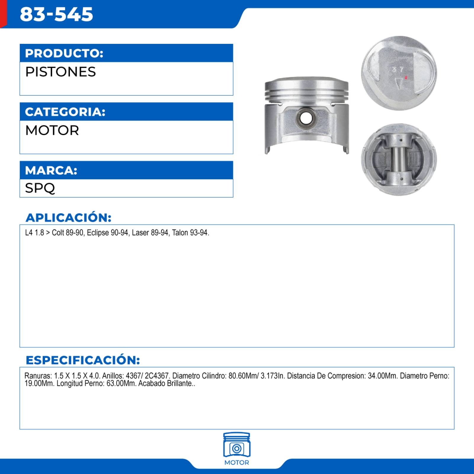 Pistones, SPQ; Para Dodge Colt 1989-1990 L4; 1.8