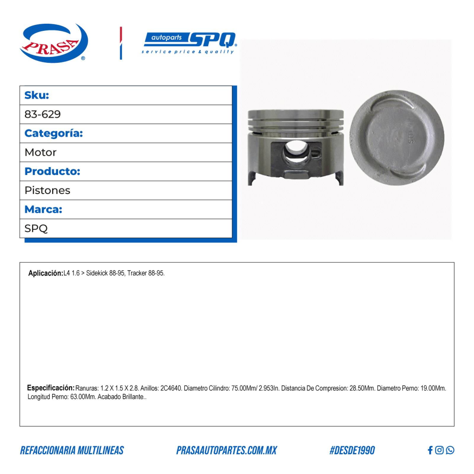 Pistones, SPQ; Para Chevrolet Tracker 1988-1995 L4; 1.6