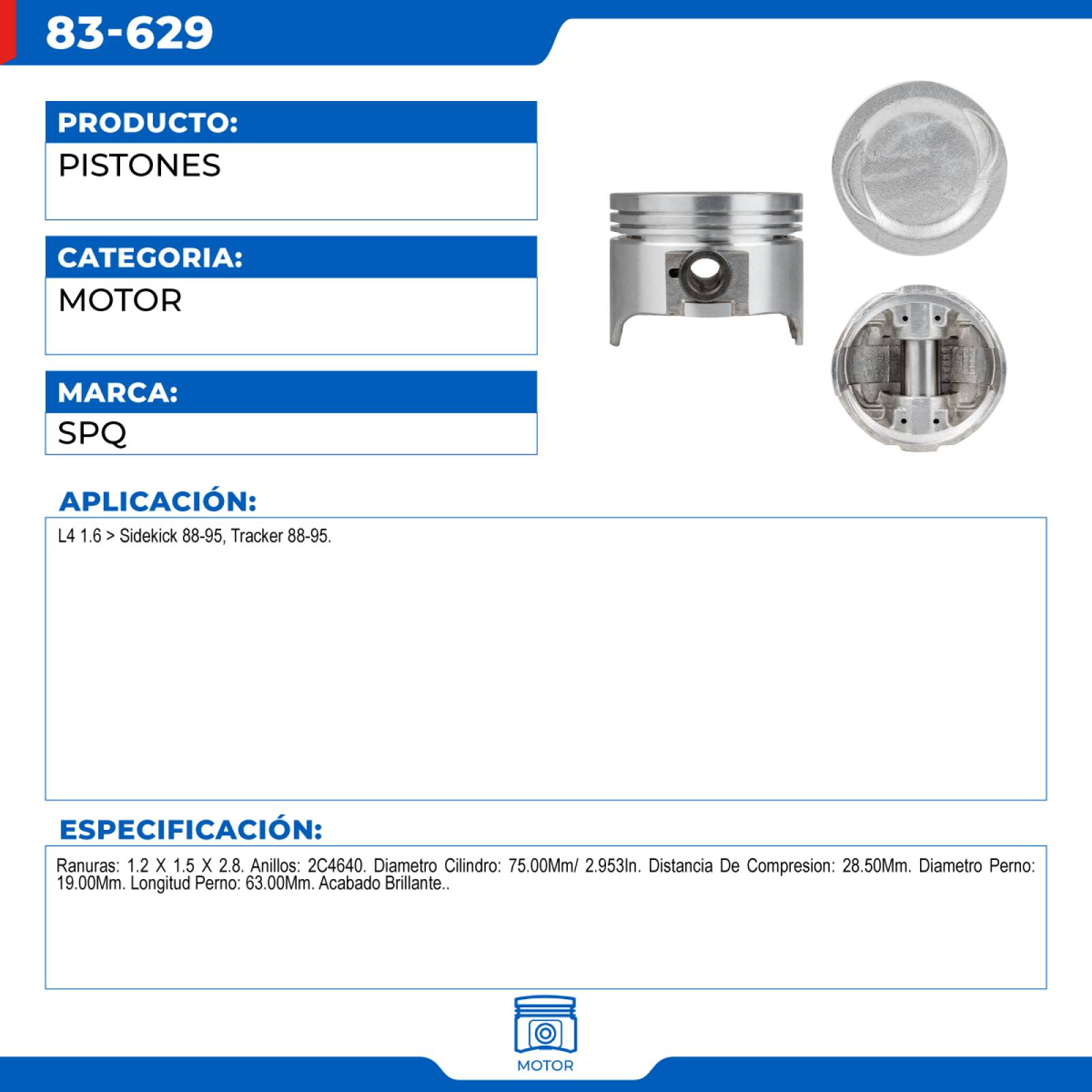 Pistones, SPQ; Para Chevrolet Tracker 1988-1995 L4; 1.6