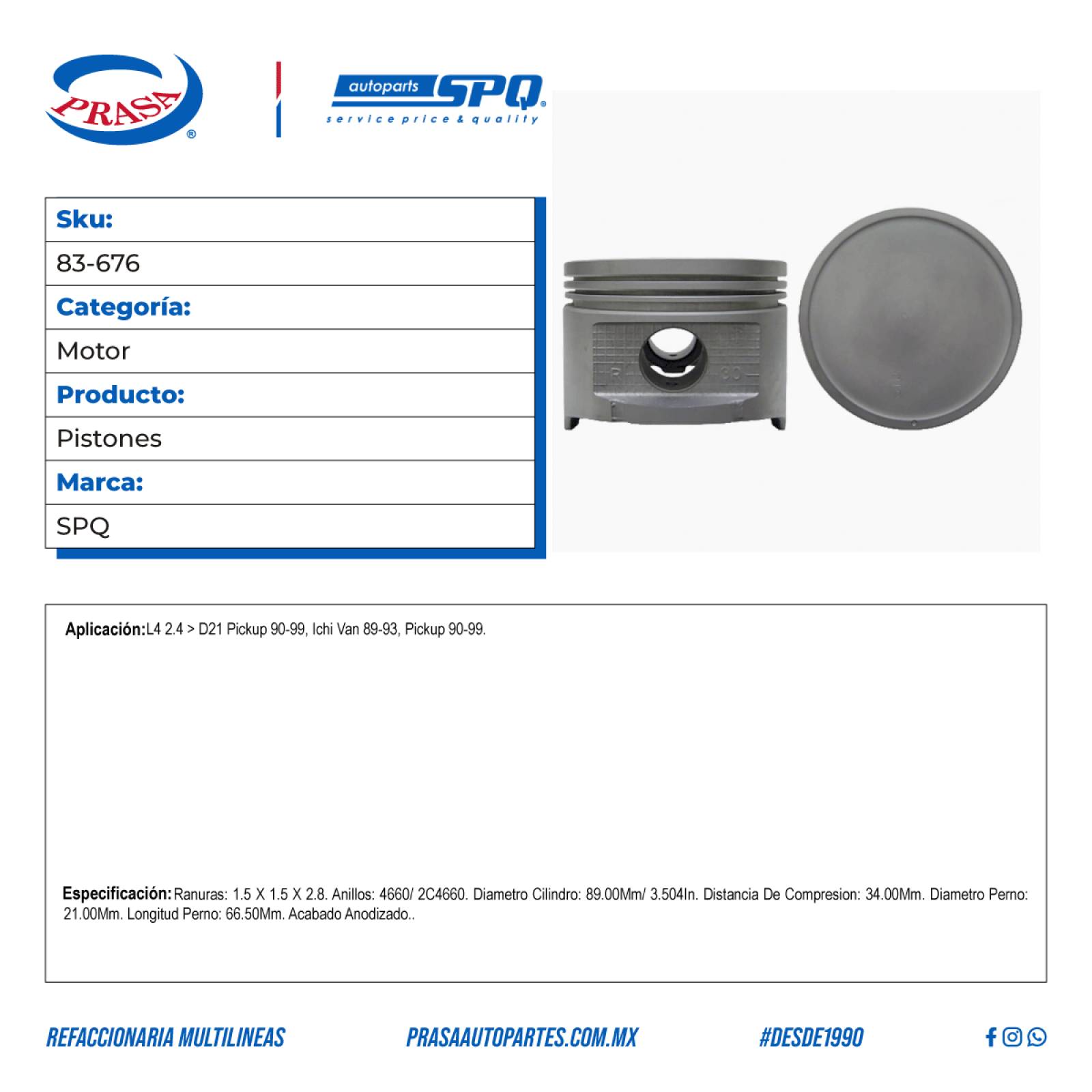 Pistones, SPQ; Para Nissan D21 Pickup 1990-1999 L4; 2.4