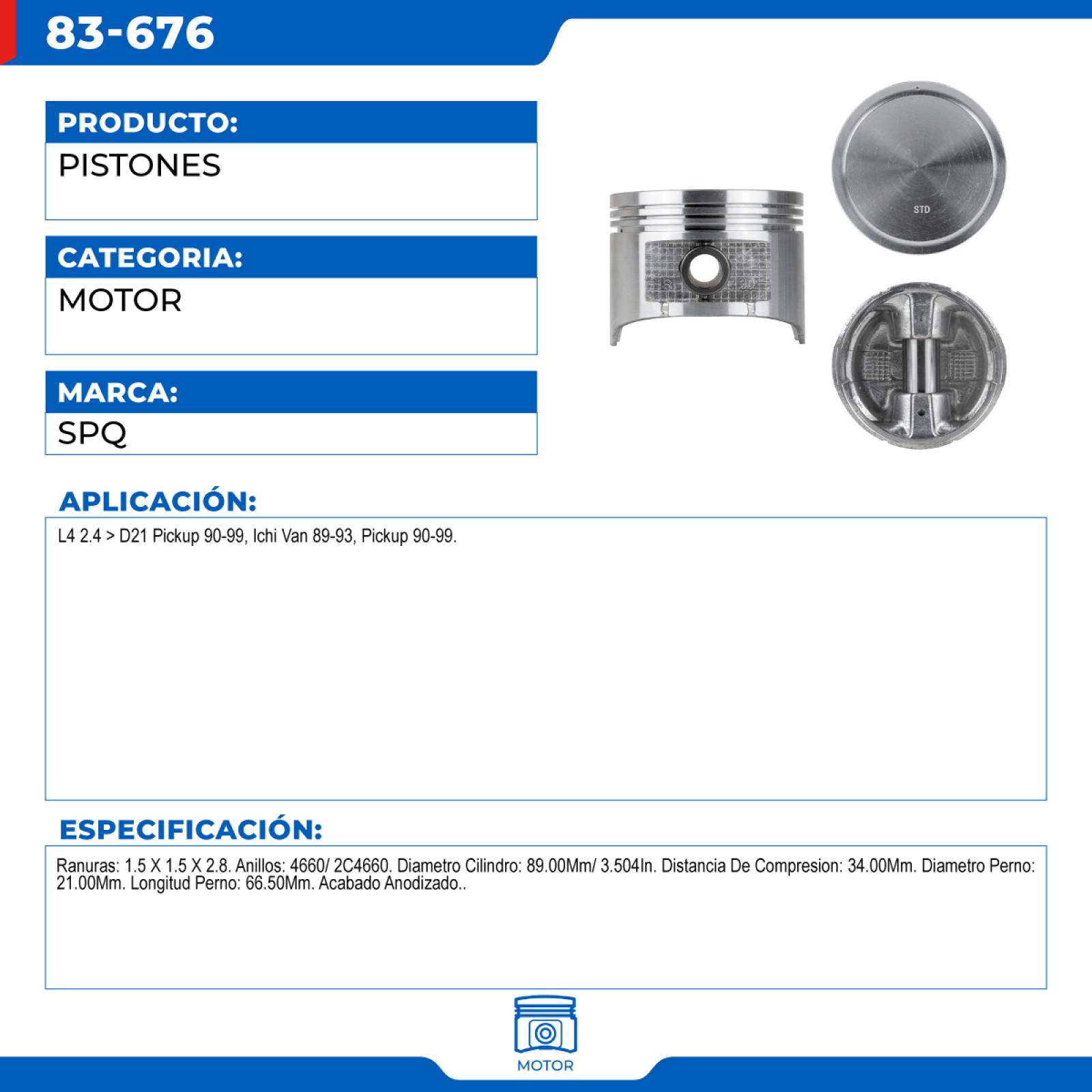 Pistones, SPQ; Para Nissan D21 Pickup 1990-1999 L4; 2.4