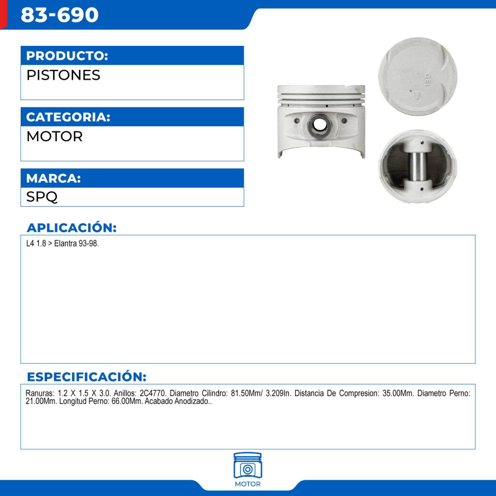 Pistones, SPQ; Para Hyundai Elantra 1993-1998 L4; 1.8