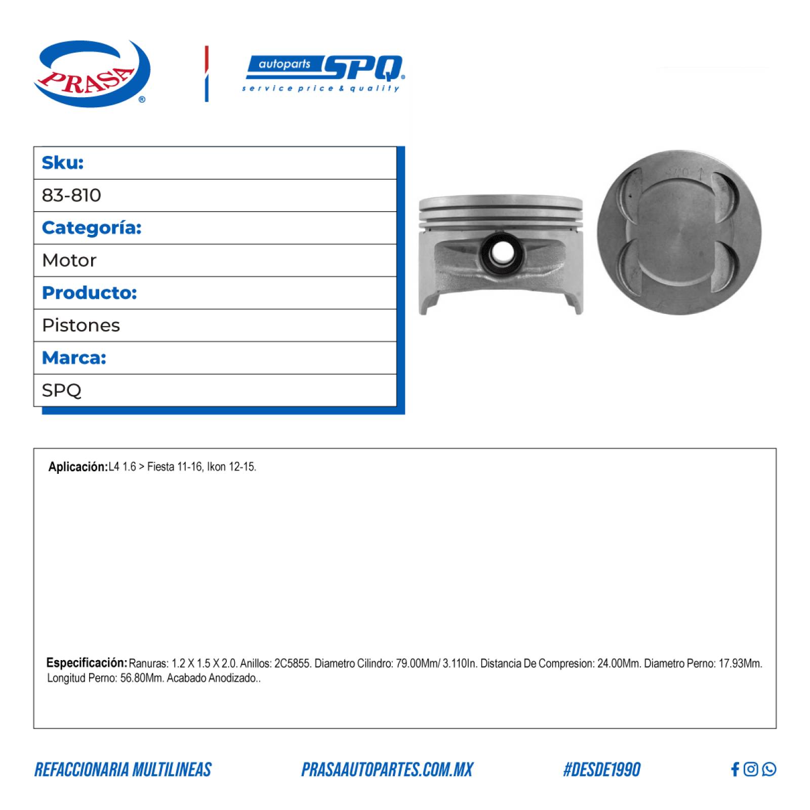 Pistones, SPQ; Para Ford Fiesta 2011-2016 L4; 1.6