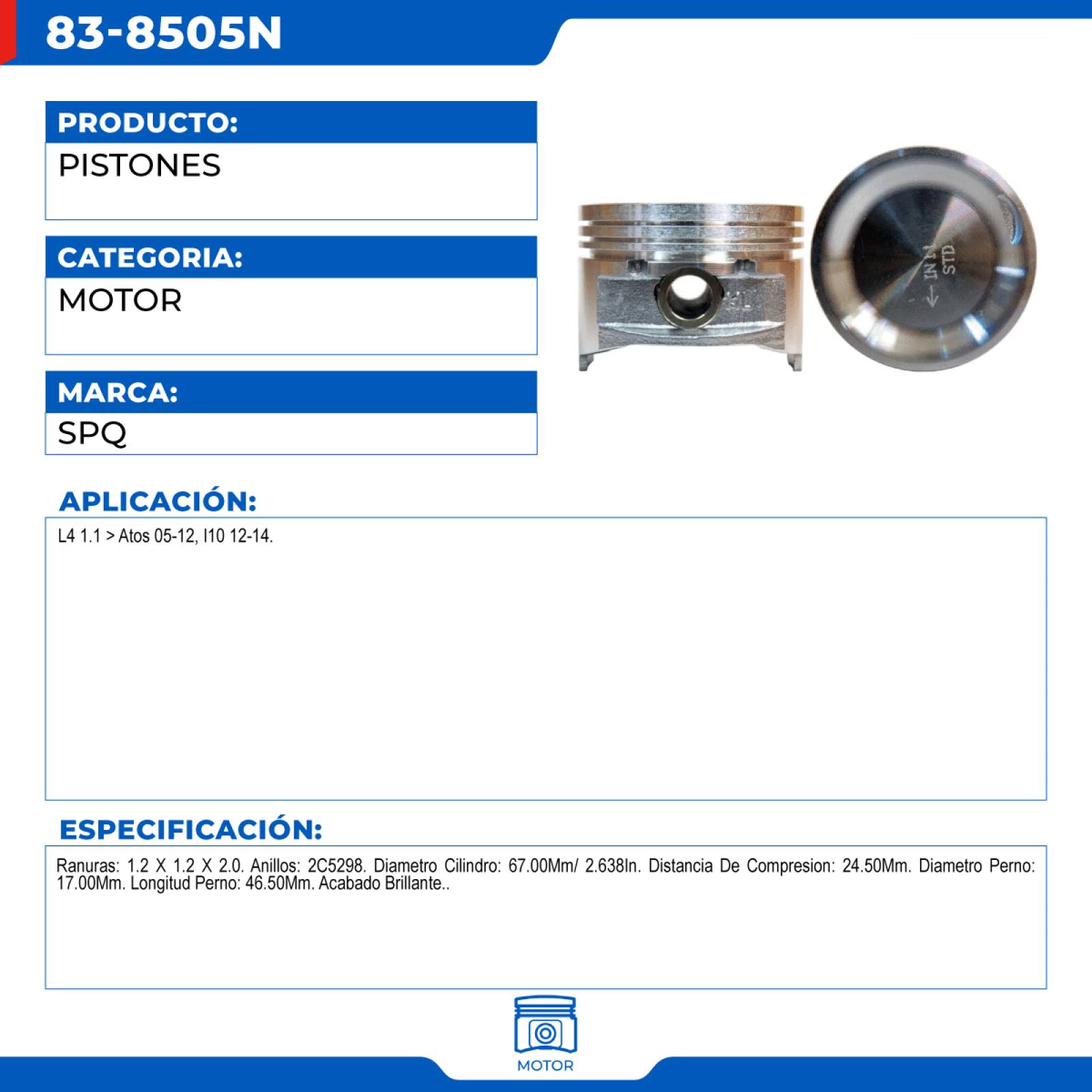 Pistones, SPQ; Para Dodge Atos 2005-2012 L4; 1.1