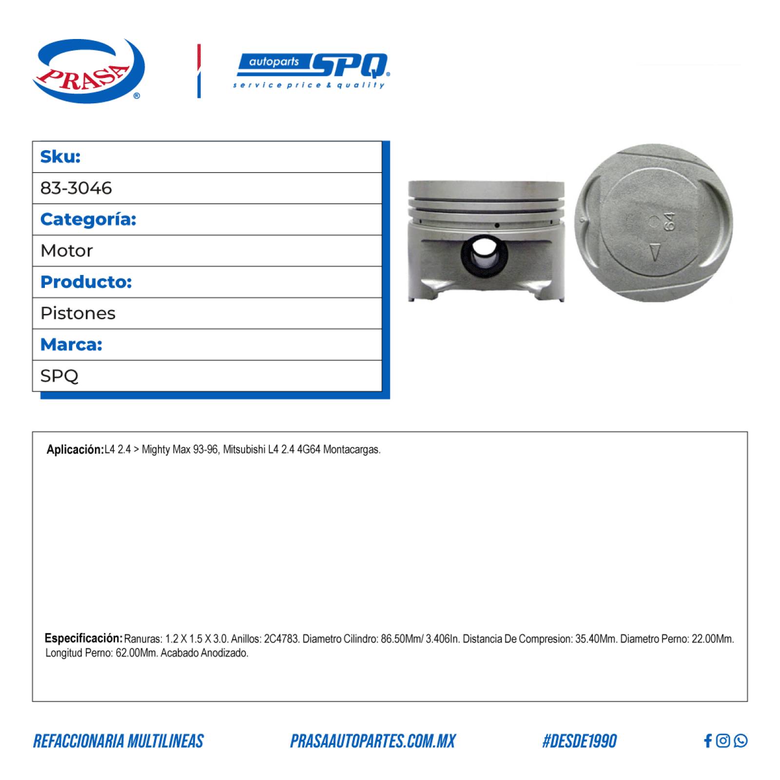 Pistones, SPQ; Para Mitsubishi Mighty Max 1993-1996 L4; 2.4