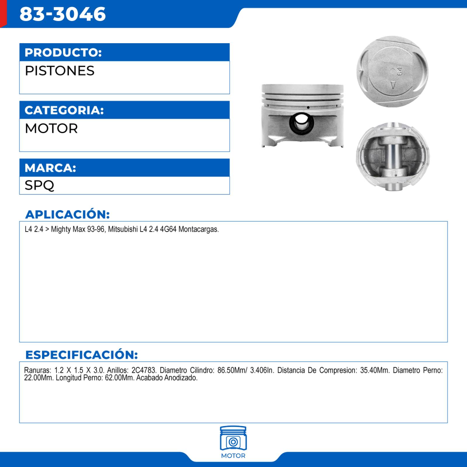 Pistones, SPQ; Para Mitsubishi Mighty Max 1993-1996 L4; 2.4