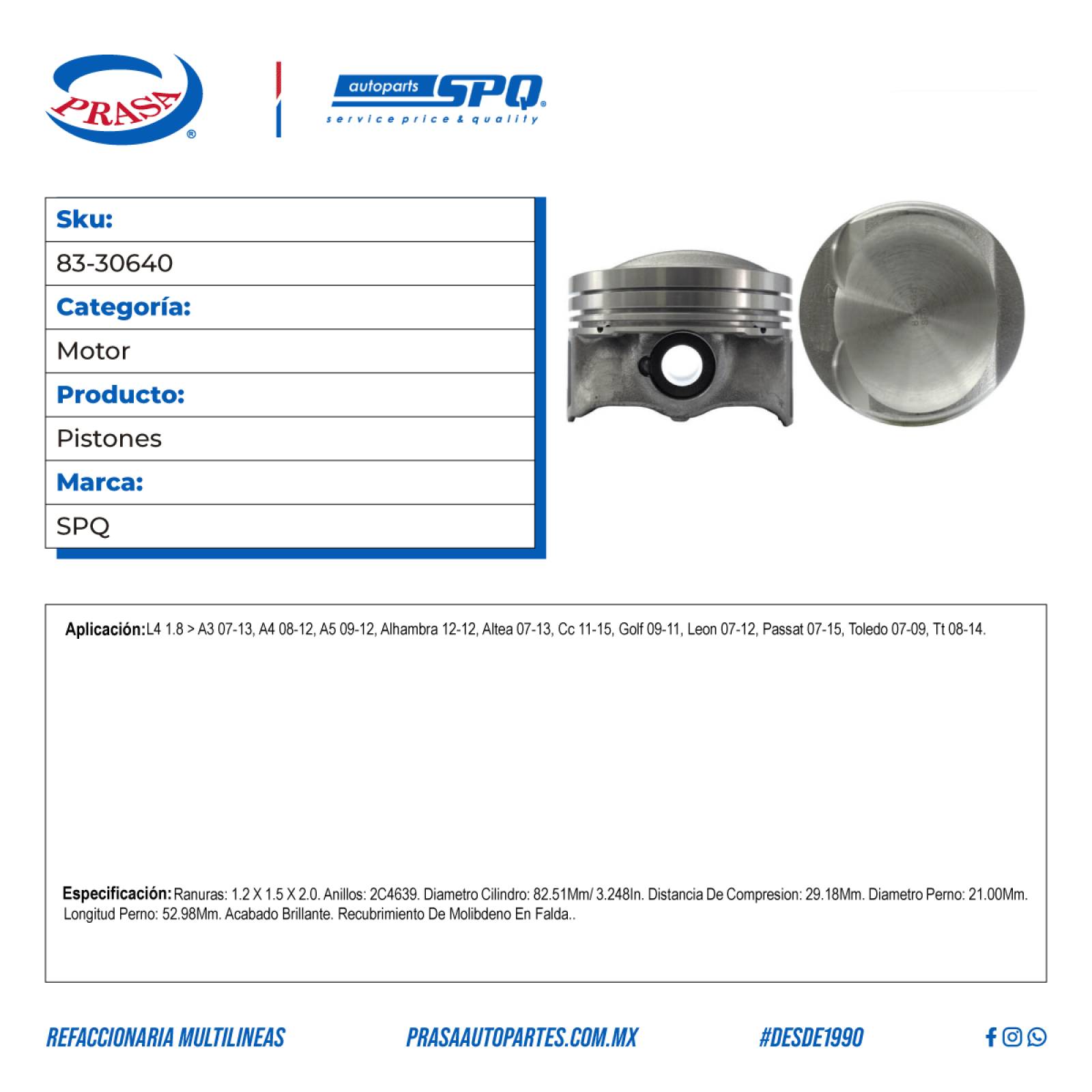 Pistones, SPQ; Para Audi A3 2007-2013 L4; 1.8