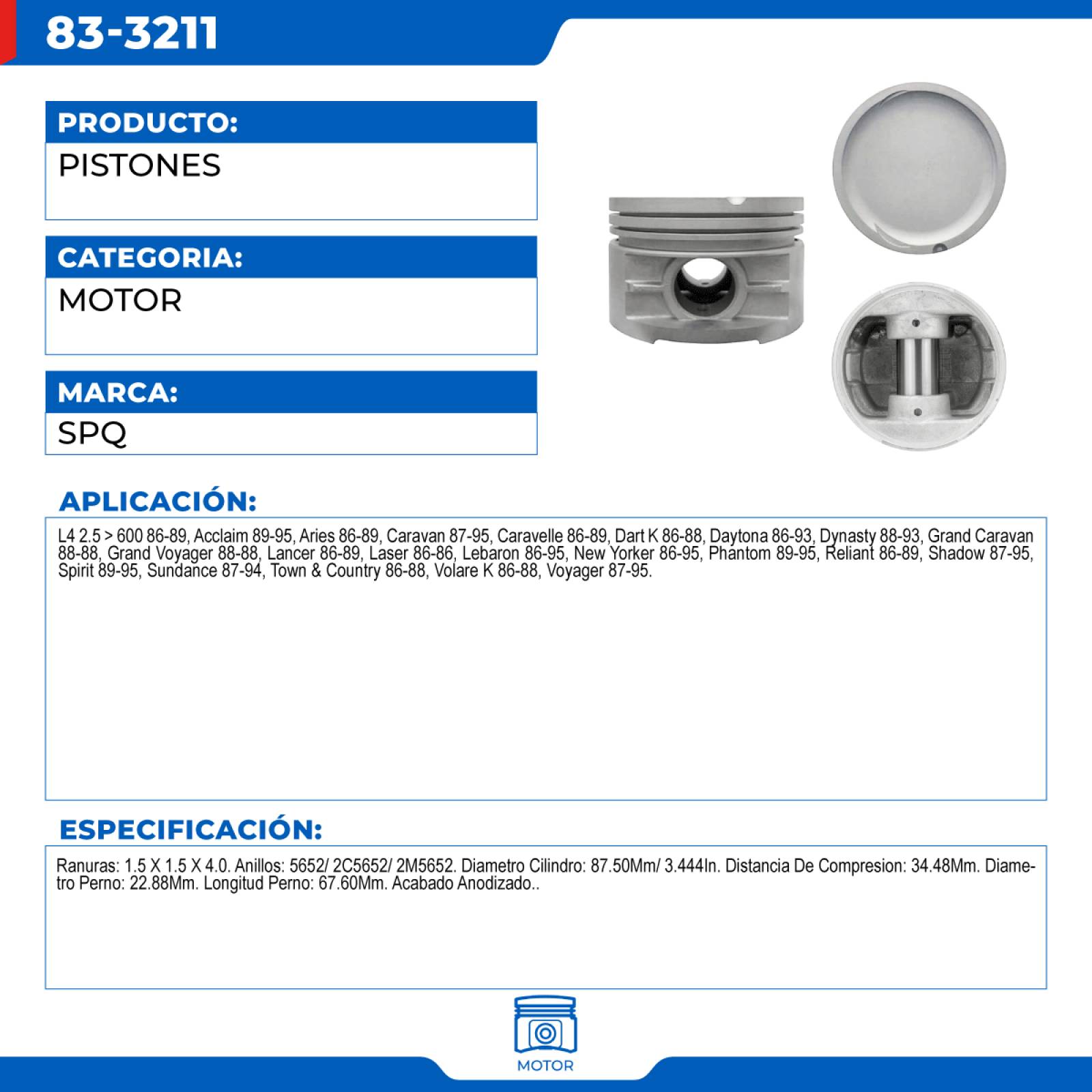 Pistones, SPQ; Para Chrysler Laser 1986-1986 L4; 2.5