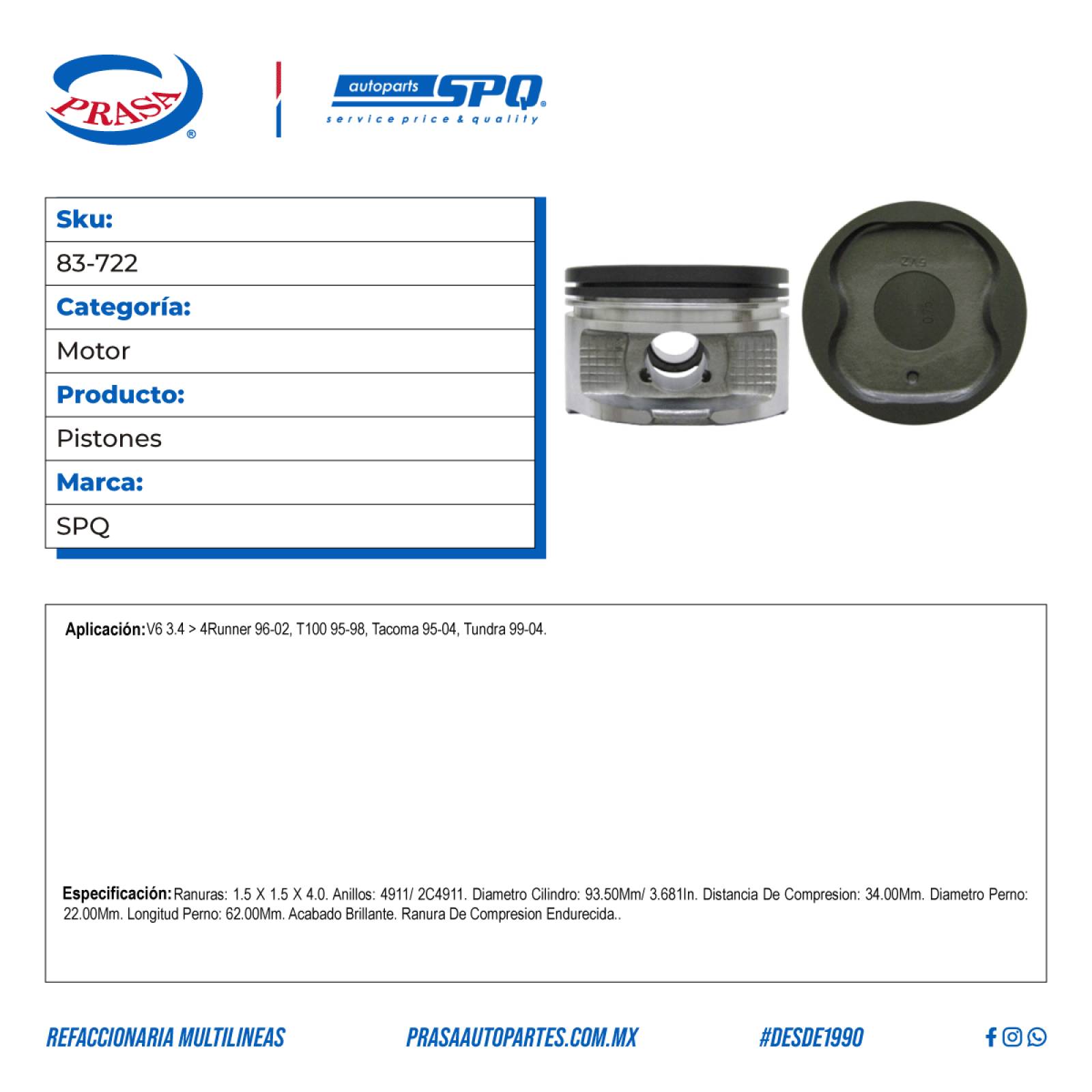 Pistones, SPQ; Para Toyota 4Runner 1996-2002 V6; 3.4