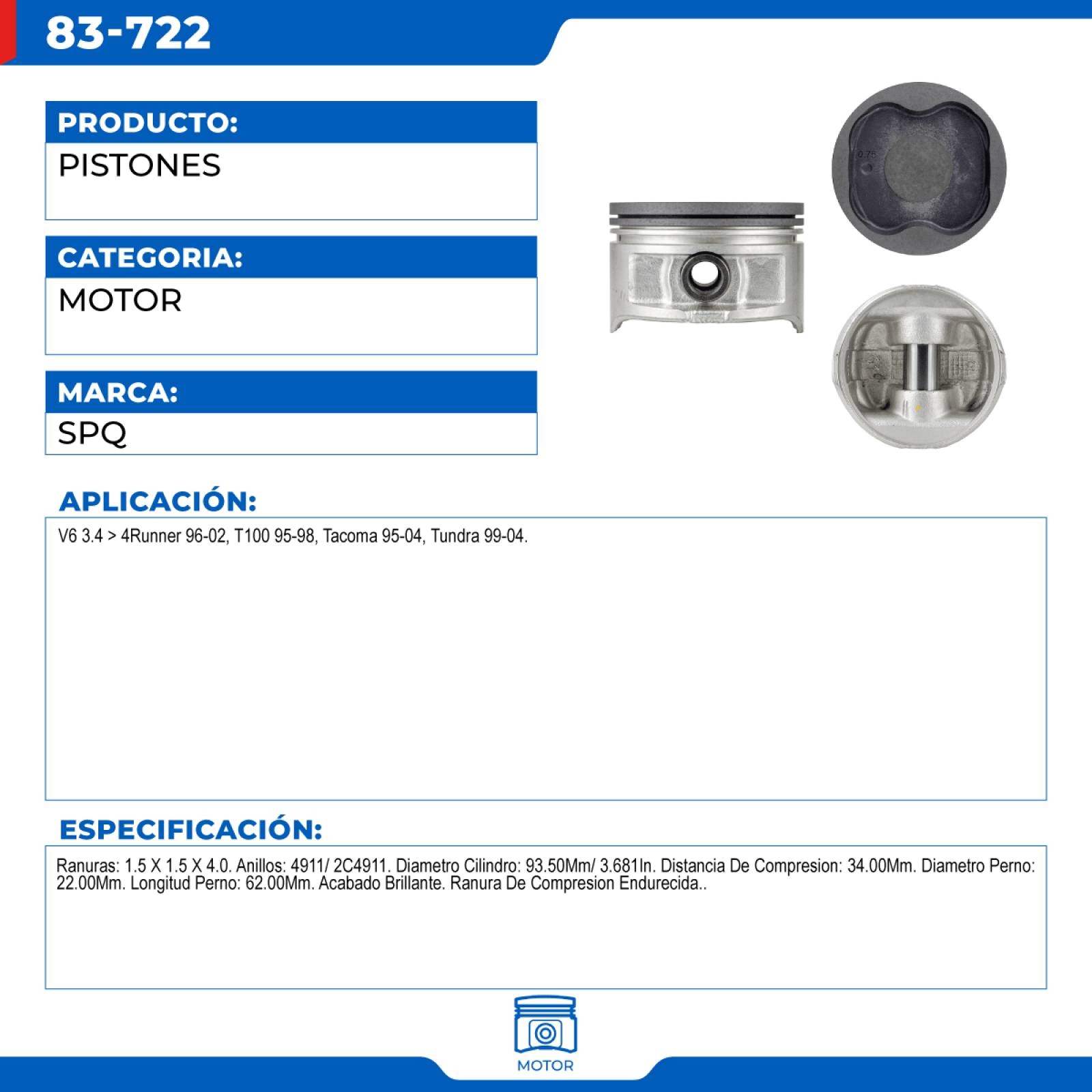 Pistones, SPQ; Para Toyota 4Runner 1996-2002 V6; 3.4