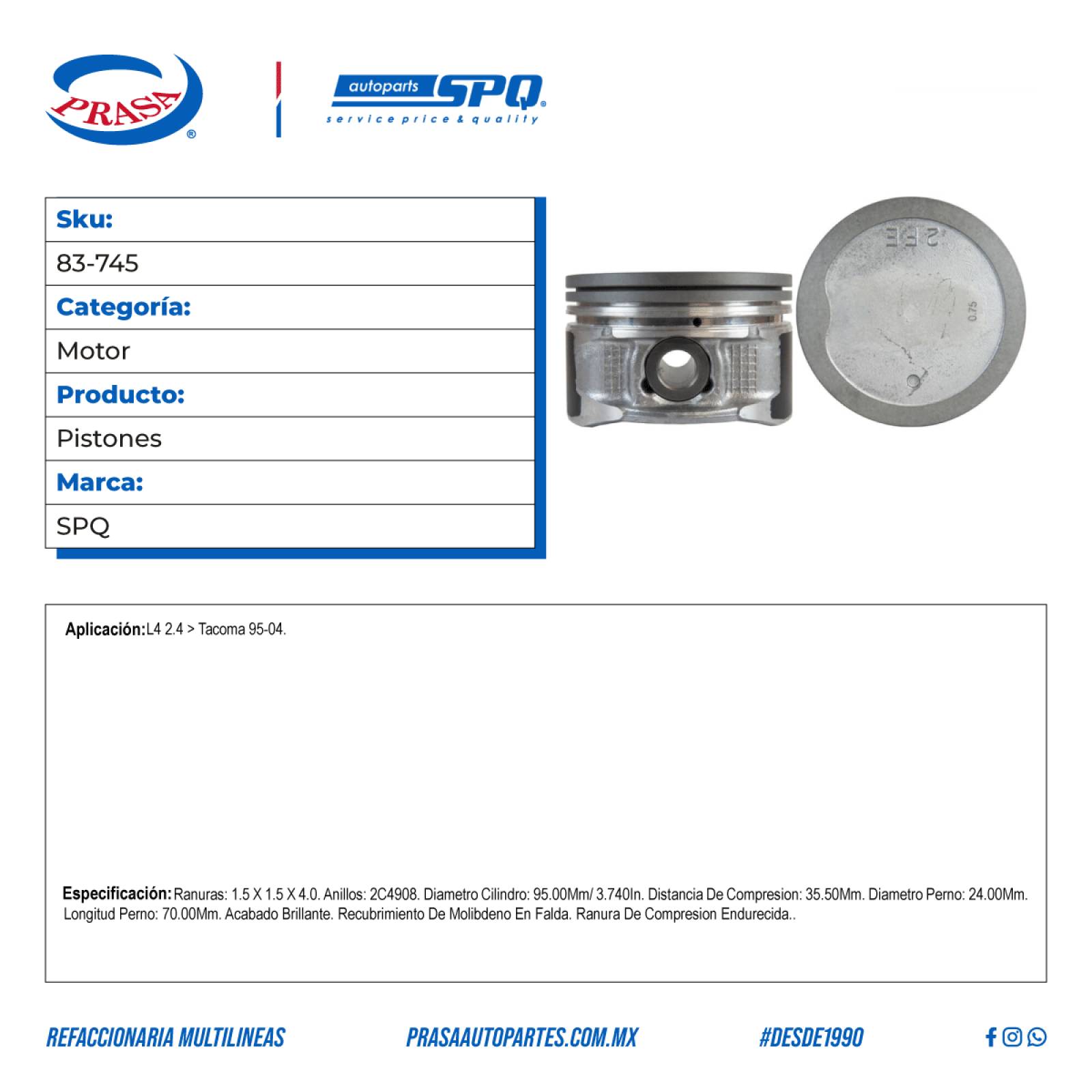 Pistones, SPQ; Para Toyota Tacoma 1995-2004 L4; 2.4