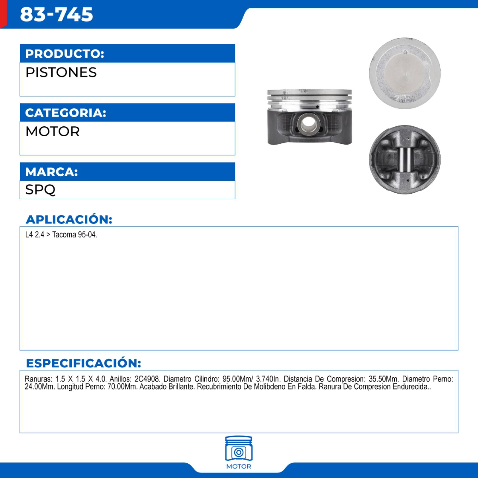 Pistones, SPQ; Para Toyota Tacoma 1995-2004 L4; 2.4