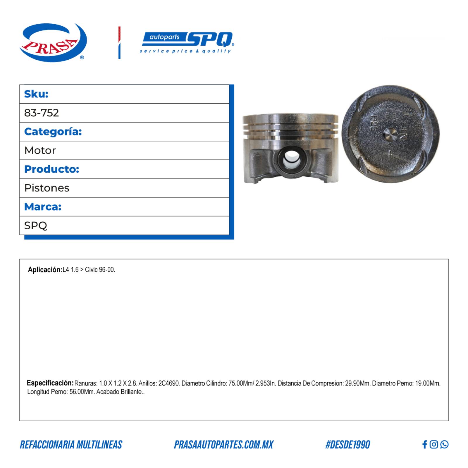 Pistones, SPQ; Para Honda Civic 1996-2000 L4; 1.6