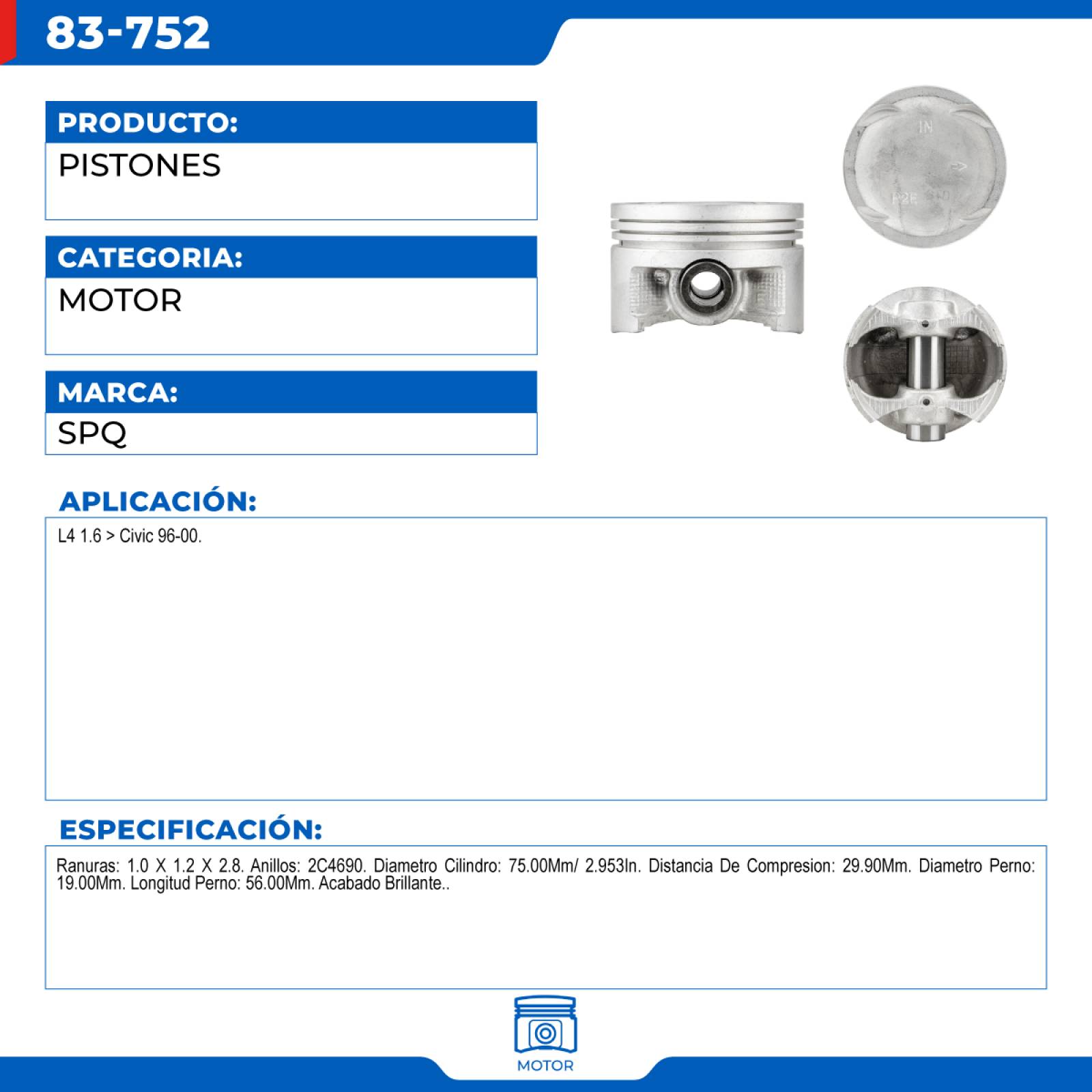 Pistones, SPQ; Para Honda Civic 1996-2000 L4; 1.6