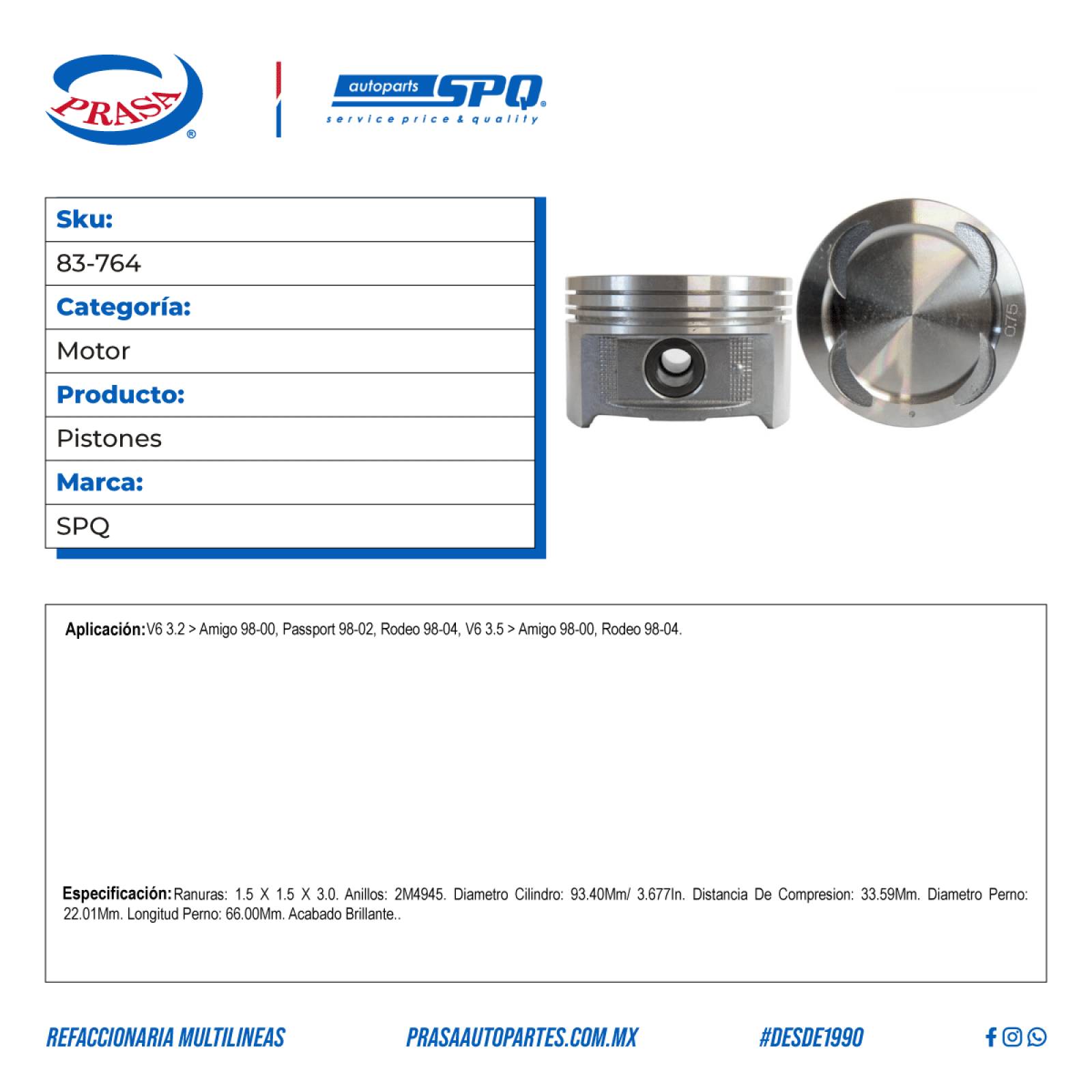 Pistones, SPQ; Para Honda Passport 1998-2002 V6; 3.2