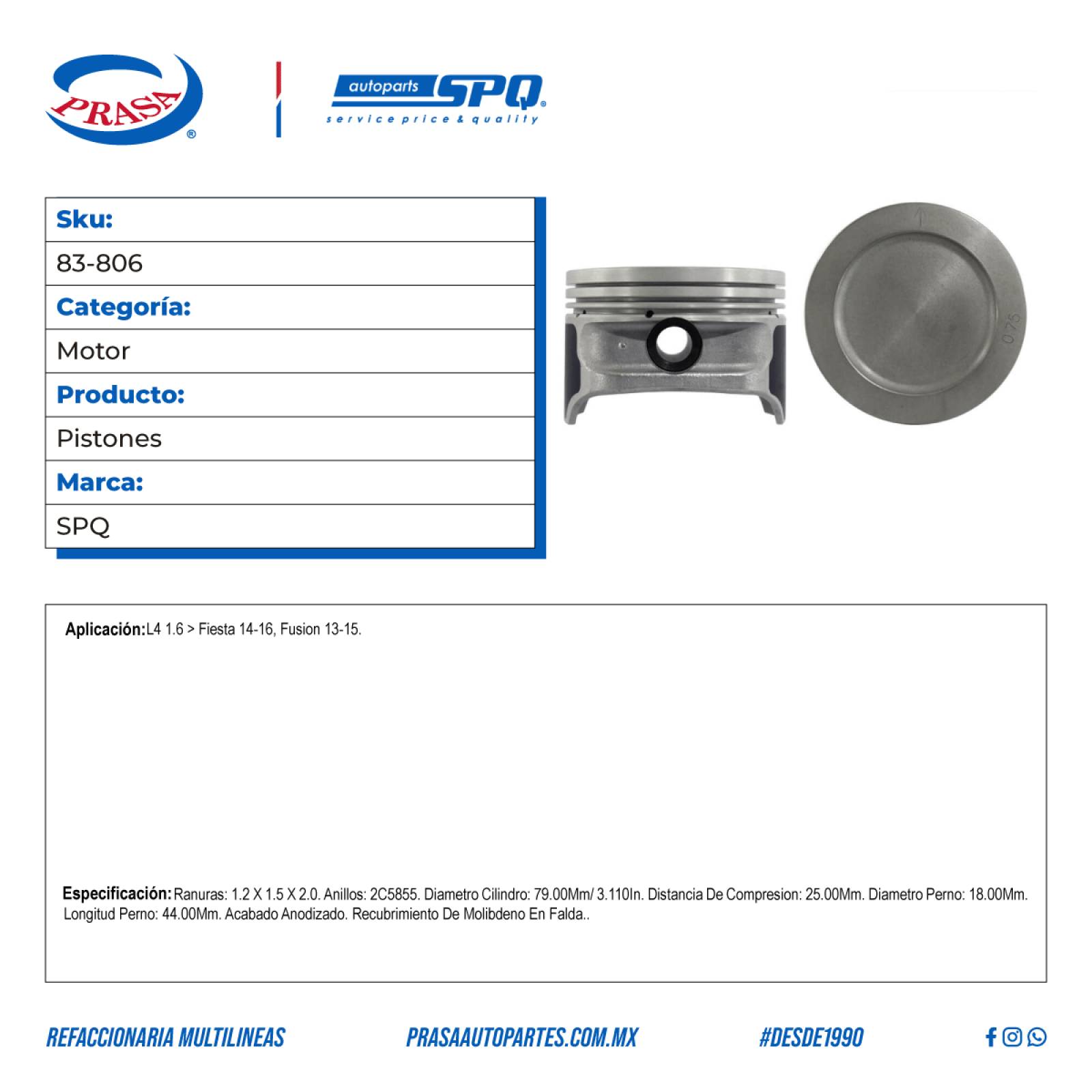 Pistones, SPQ; Para Ford Fiesta 2014-2016 L4; 1.6