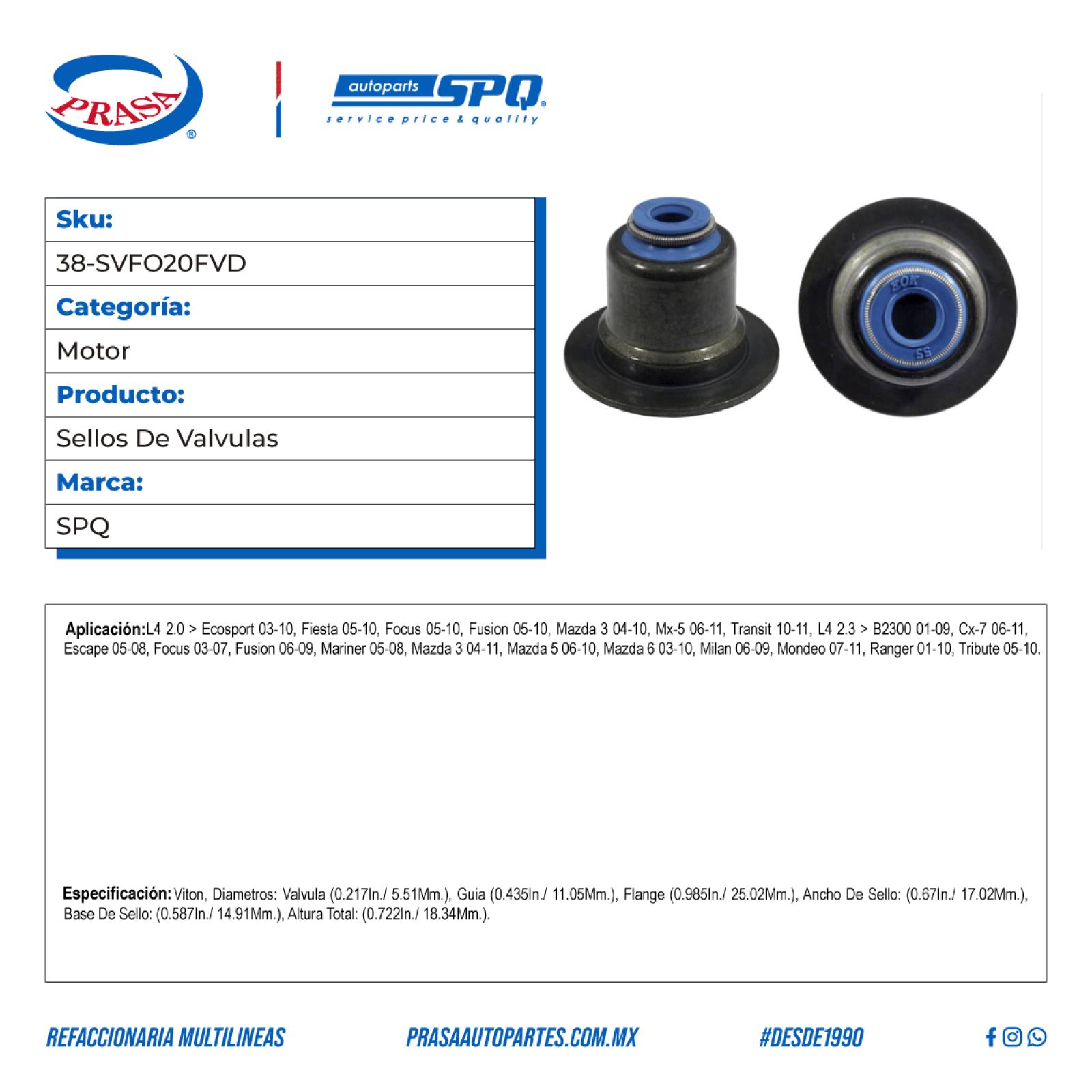 Sellos De Valvulas, SPQ; Para Ford Ecosport 2003-2010 L4; 2