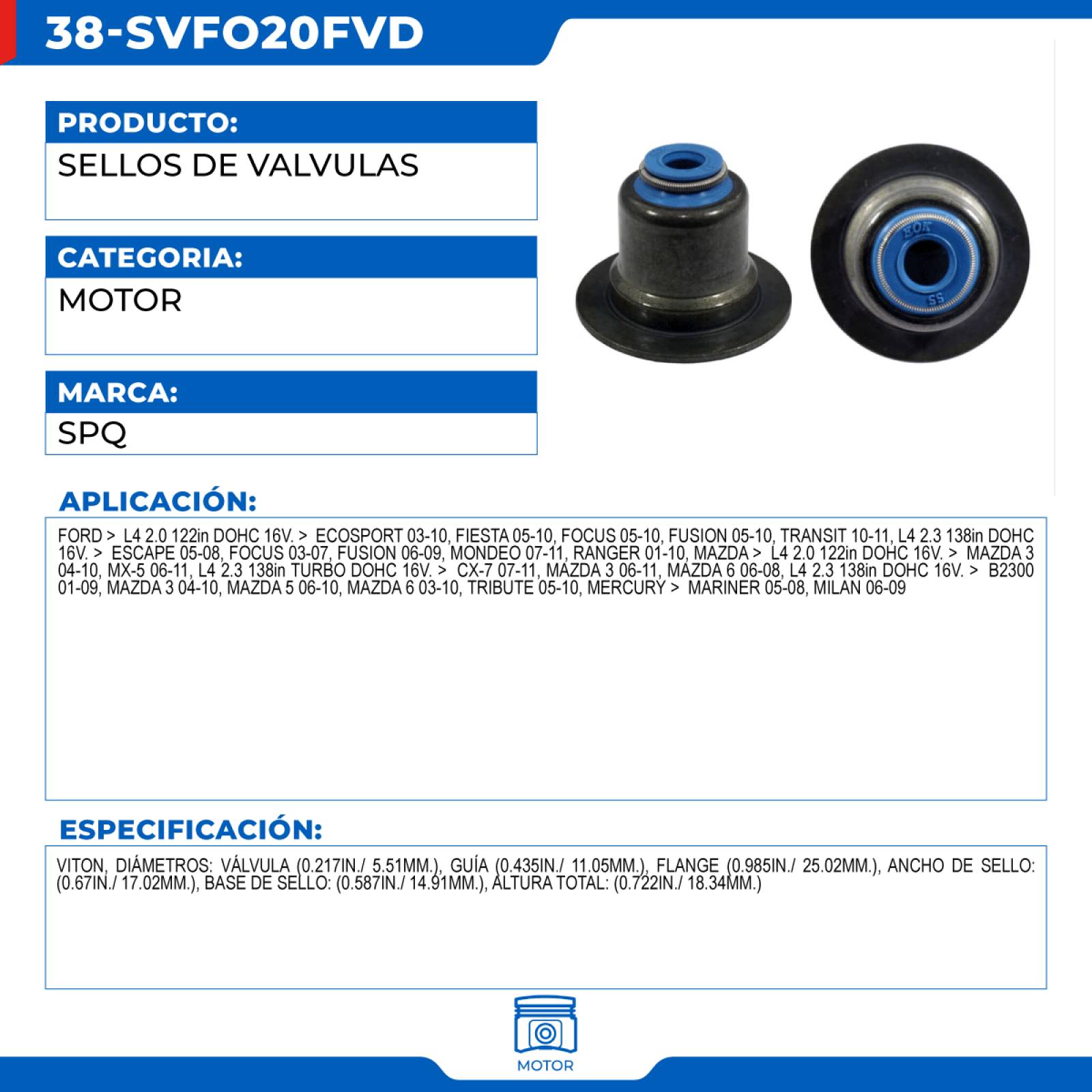 Sellos De Valvulas, SPQ; Para Ford Ecosport 2003-2010 L4; 2