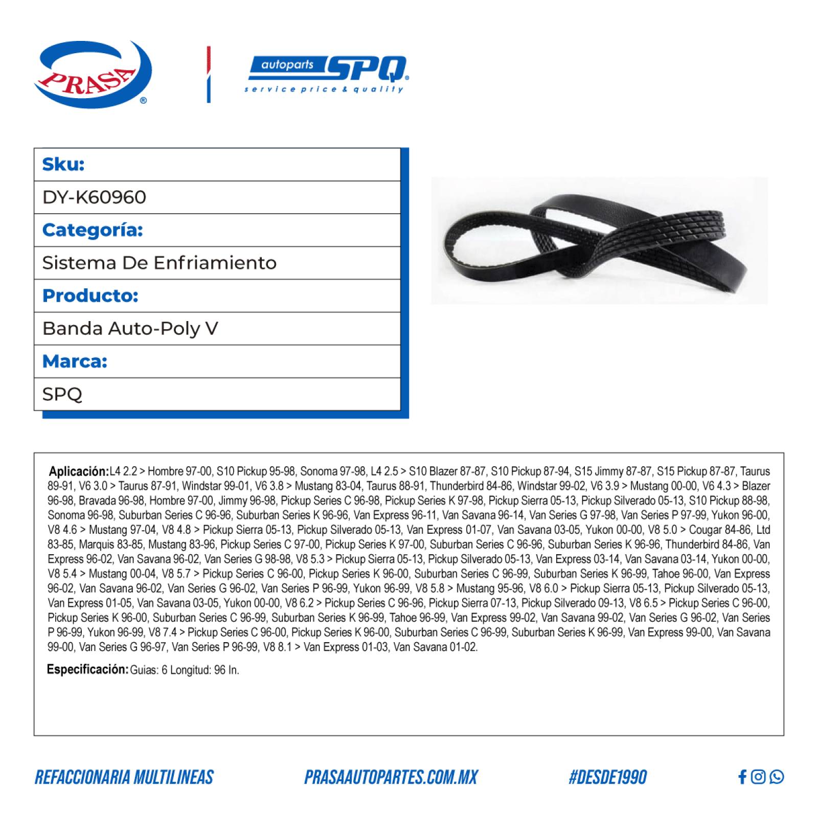 Banda Auto-Poly V, SPQ; Para Chevrolet Blazer 1996-1998 V6; 4.3