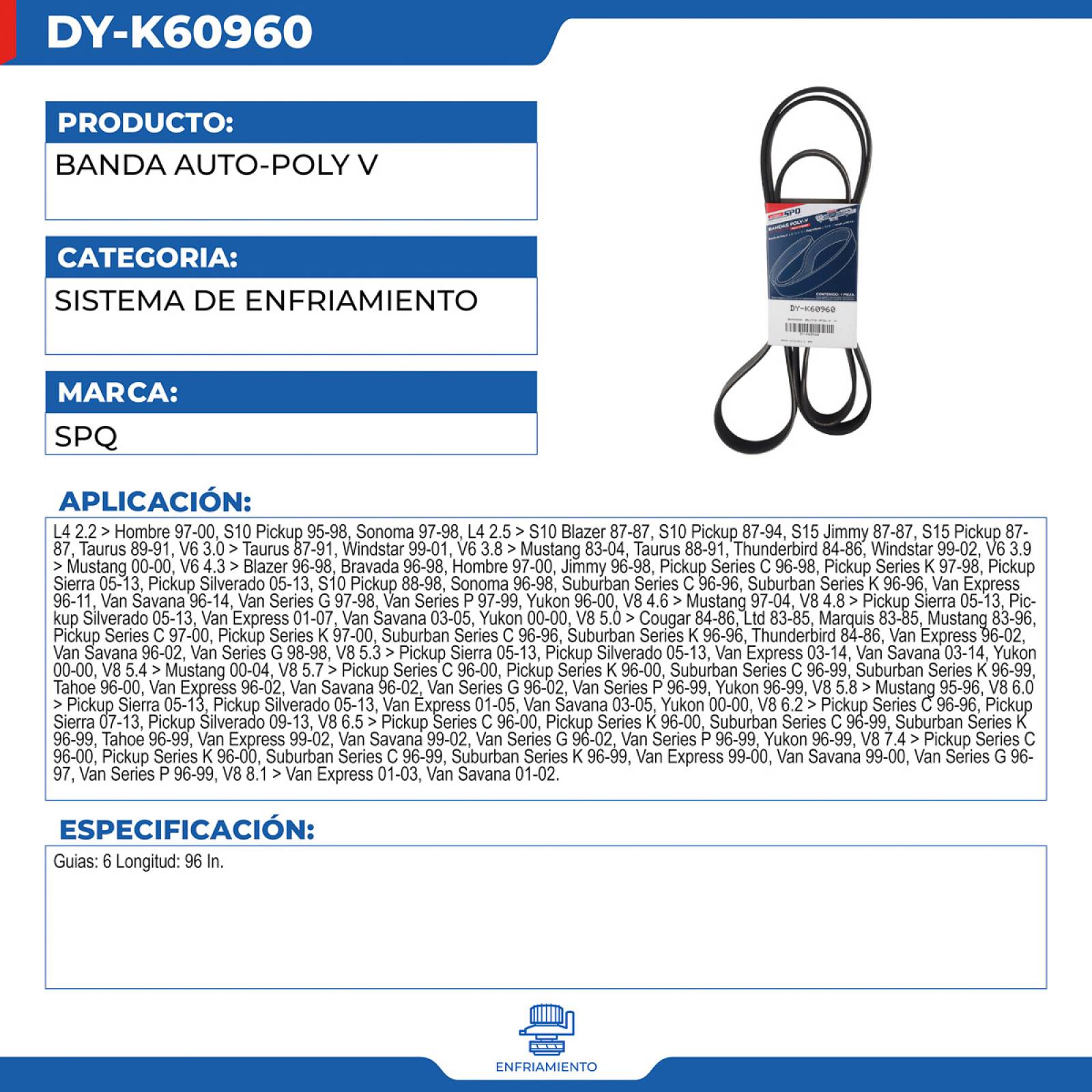 Banda Auto-Poly V, SPQ; Para Chevrolet Blazer 1996-1998 V6; 4.3
