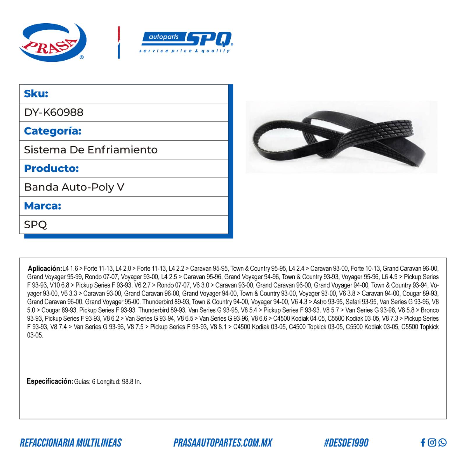 Banda Auto-Poly V, SPQ; Para Chevrolet Astro 1993-1995 V6; 4.3