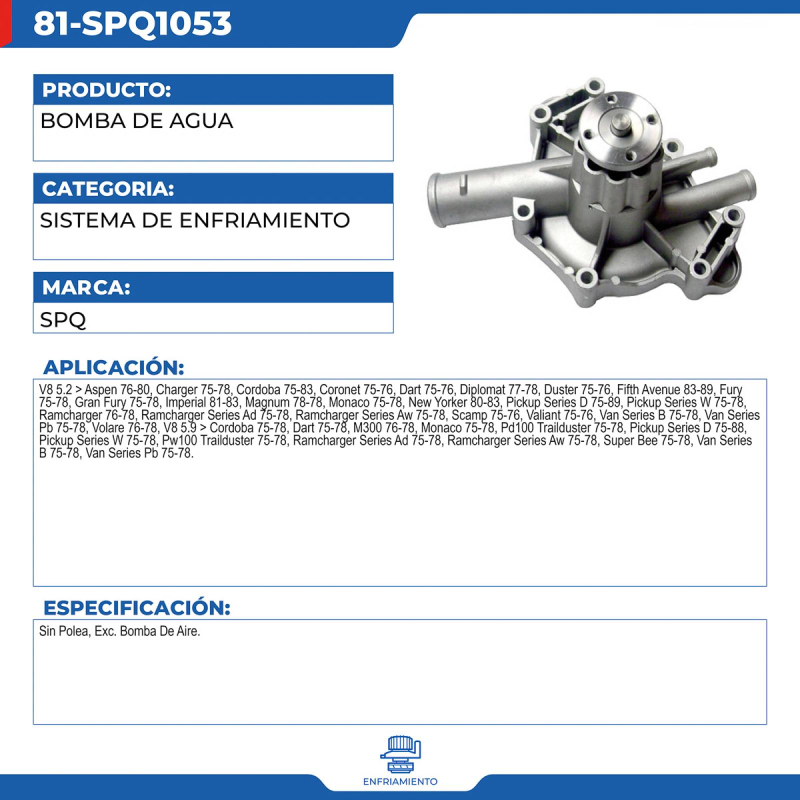 Bomba De Agua, SPQ; Para Chrysler Cordoba 1975-1983 V8; 5.2