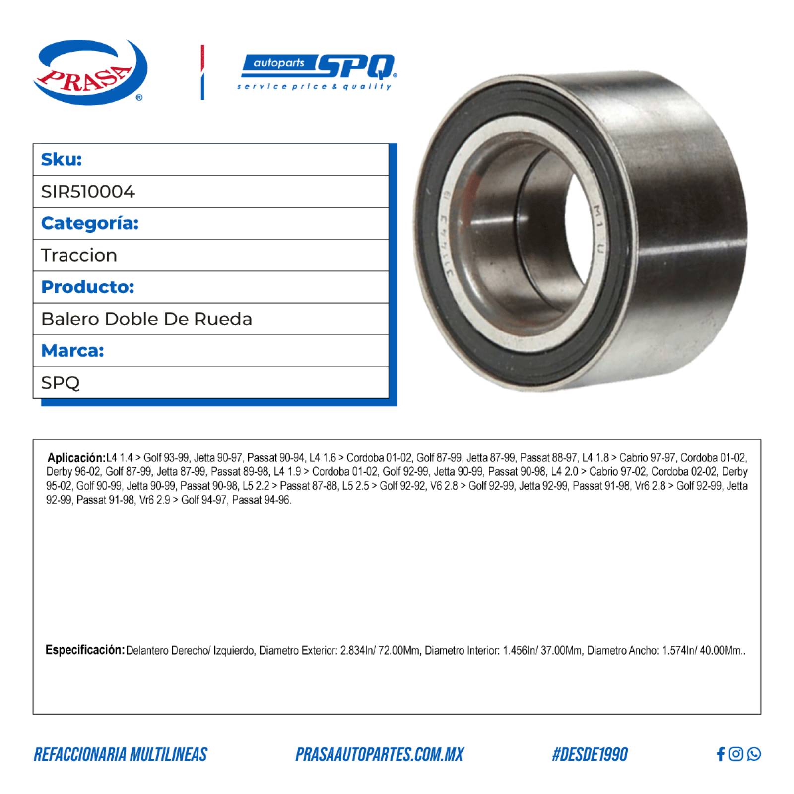 Balero Doble De Rueda, SPQ; Para Seat Cordoba 2001-2002 L4; 1.6