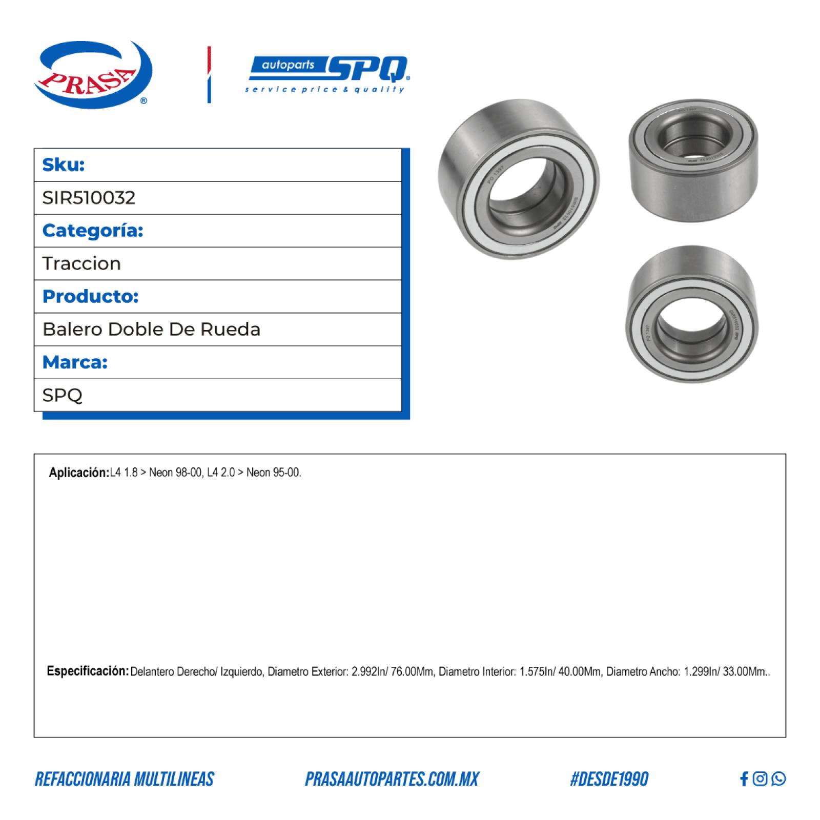 Balero Doble De Rueda, SPQ; Para Dodge Neon 1998-2000 L4; 1.8