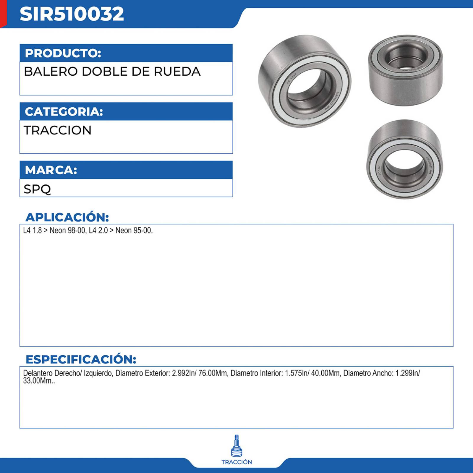 Balero Doble De Rueda, SPQ; Para Dodge Neon 1998-2000 L4; 1.8
