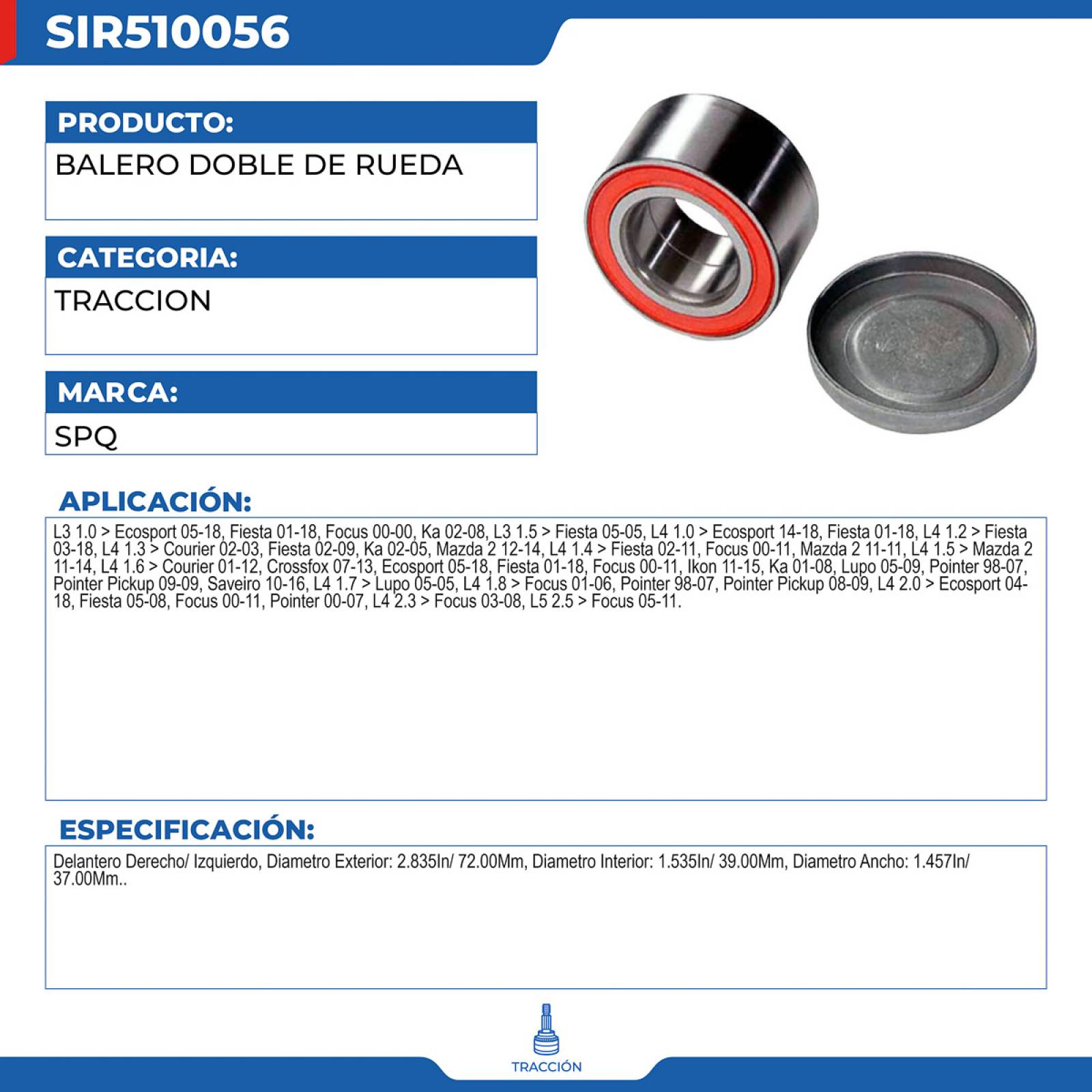 Balero Doble De Rueda, SPQ; Para Ford Courier 2002-2003 L4; 1.3