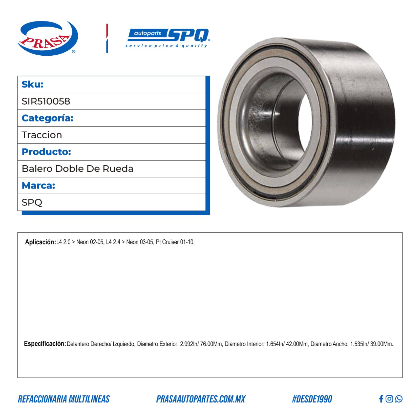 Balero Doble De Rueda, SPQ; Para Chrysler Pt Cruiser 2001-2010 L4; 2.4