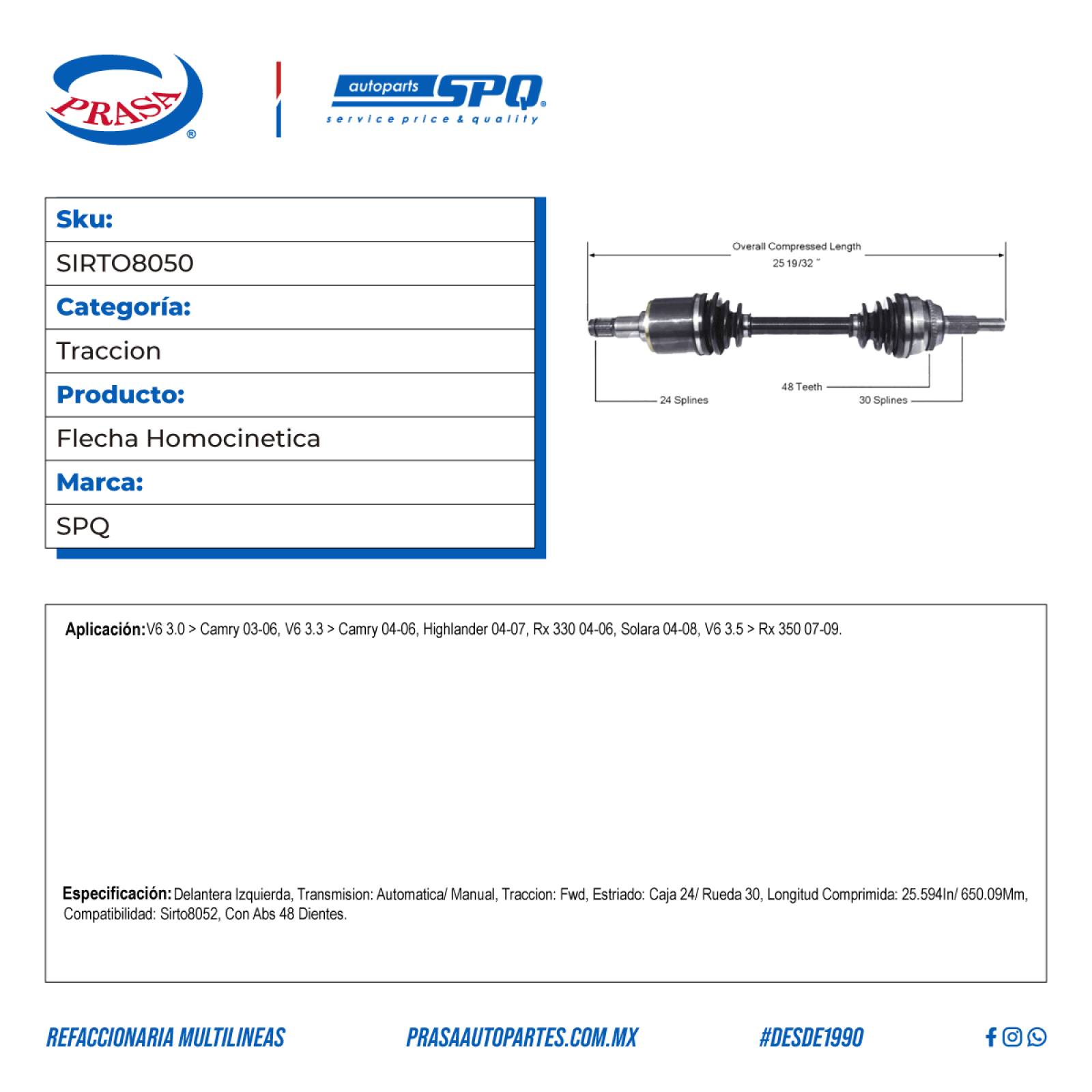 Flecha Homocinetica, SPQ; para Lexus Rx 330 V6; (3.3) 2004-2006