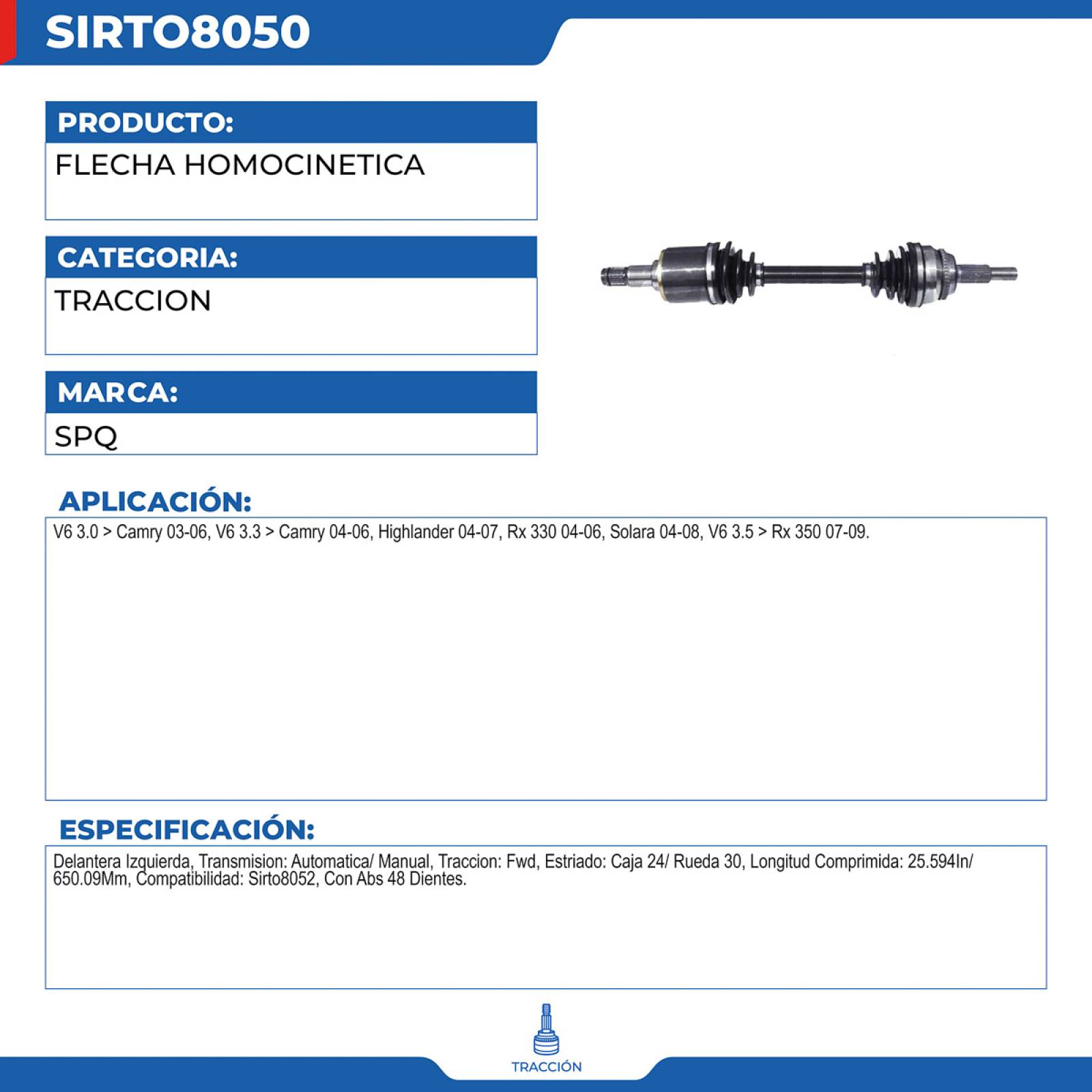 Flecha Homocinetica, SPQ; para Lexus Rx 330 V6; (3.3) 2004-2006