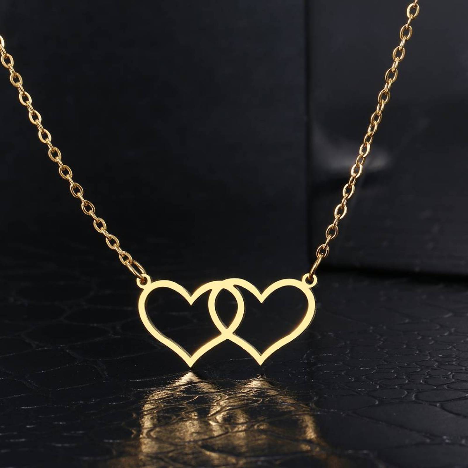Collar Cadena Acero Inoxidable Dije Doble Corazon  - Oro