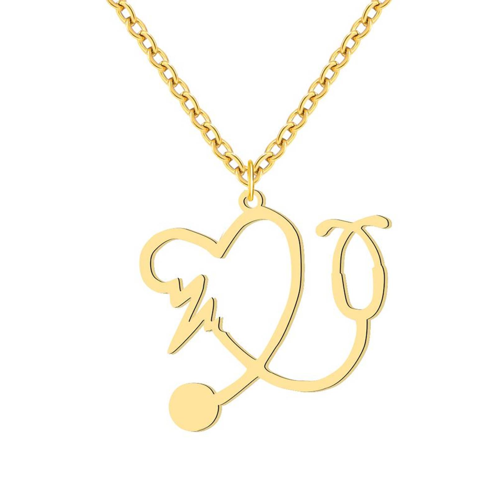 Collar Cadena Acero Inoxidable Dije Corazón Medico Estetoscopio  - Oro