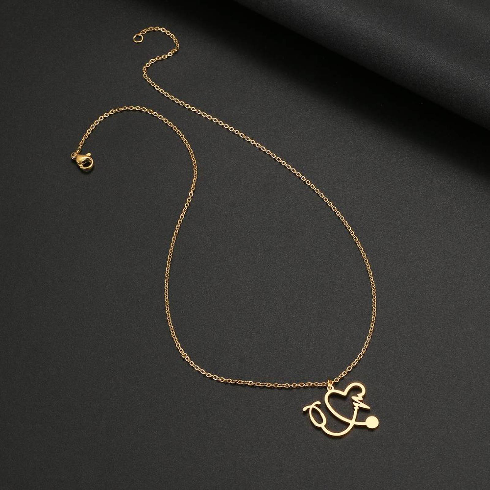 Collar Cadena Acero Inoxidable Dije Corazón Medico Estetoscopio  - Oro