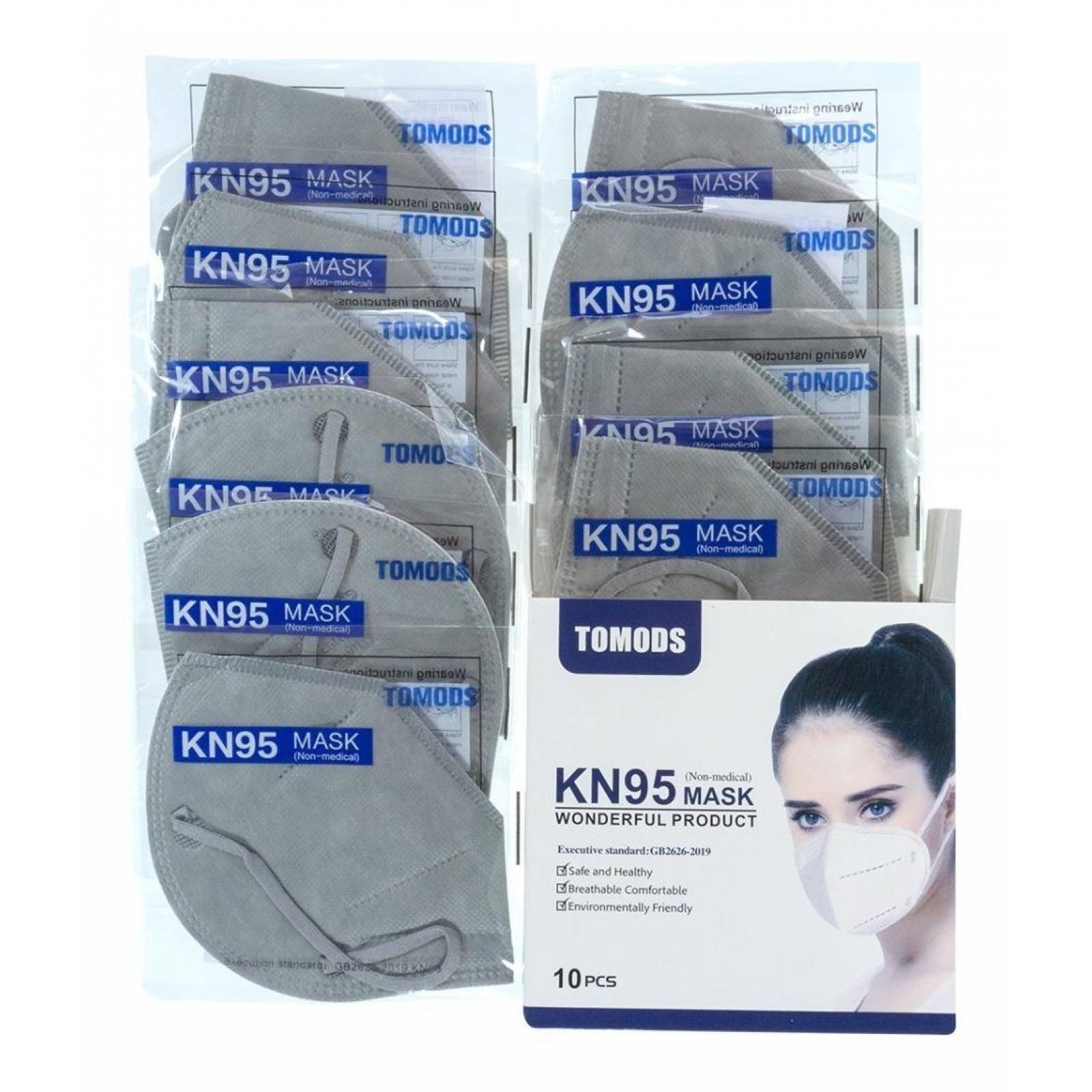 Kn95 Mascarillas Cubrebocas Lavables Caja10pz Colores Tomods Gris claro.