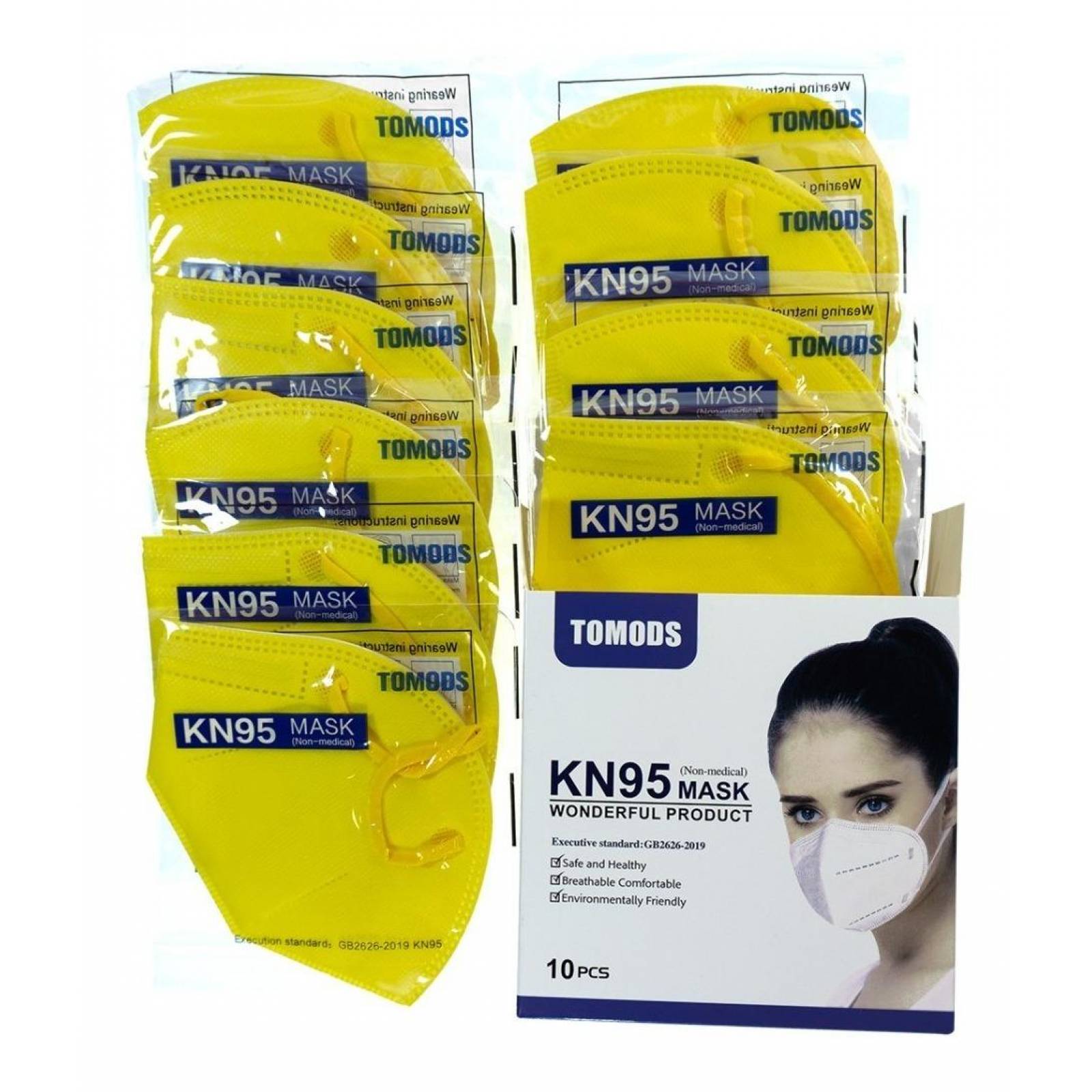 Kn95 Mascarillas Cubrebocas Lavables Caja10pz Colores Tomods Amarillo