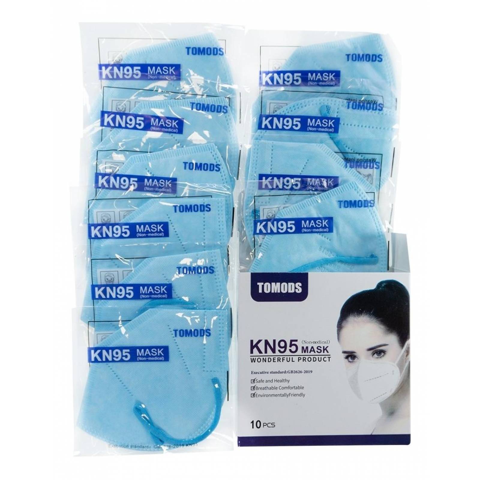 Kn95 Mascarillas Cubrebocas Lavables Caja10pz Colores Tomods Azul cielo Azul Cielo