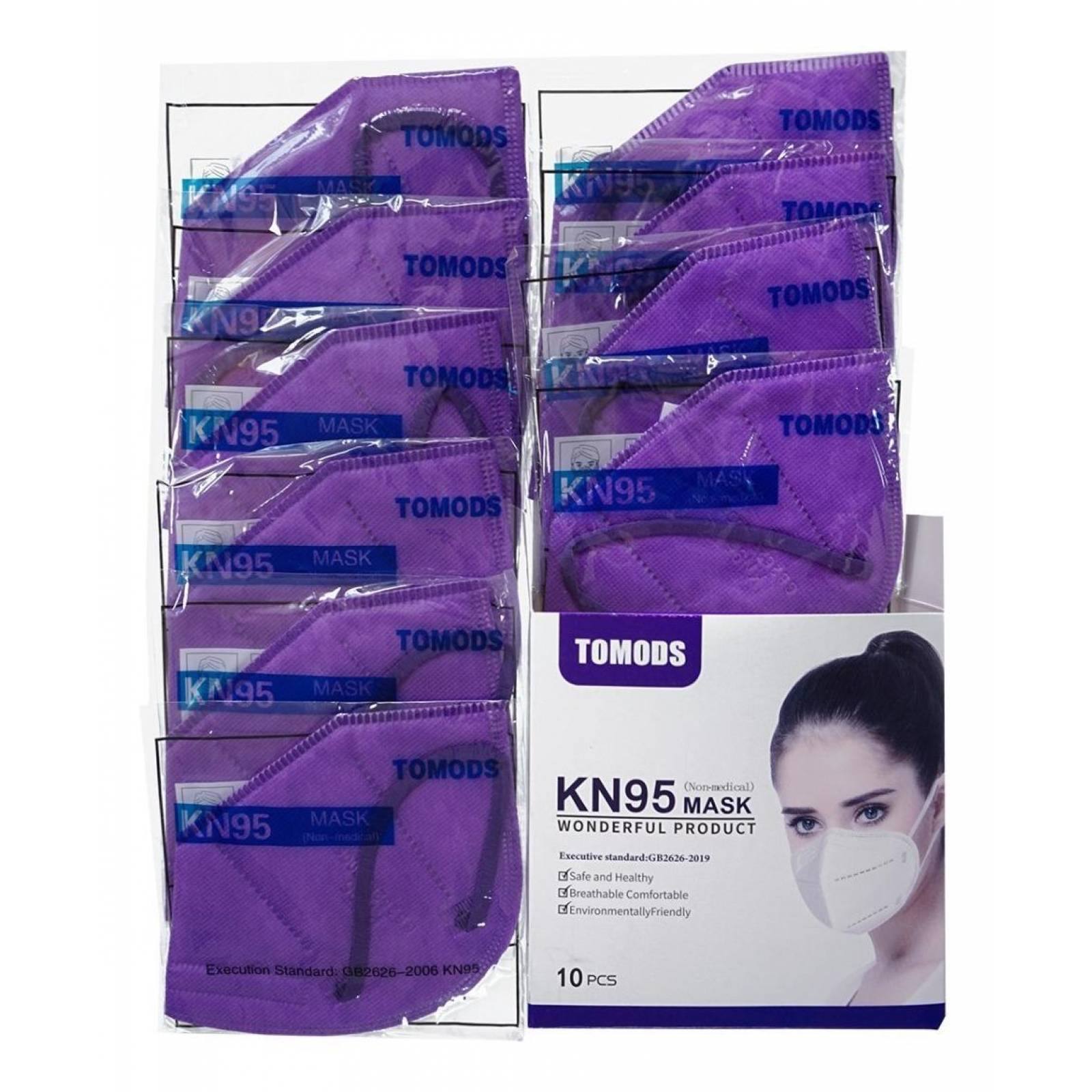 Kn95 Mascarillas Cubrebocas Lavables Caja10pz Colores Tomods Morado.