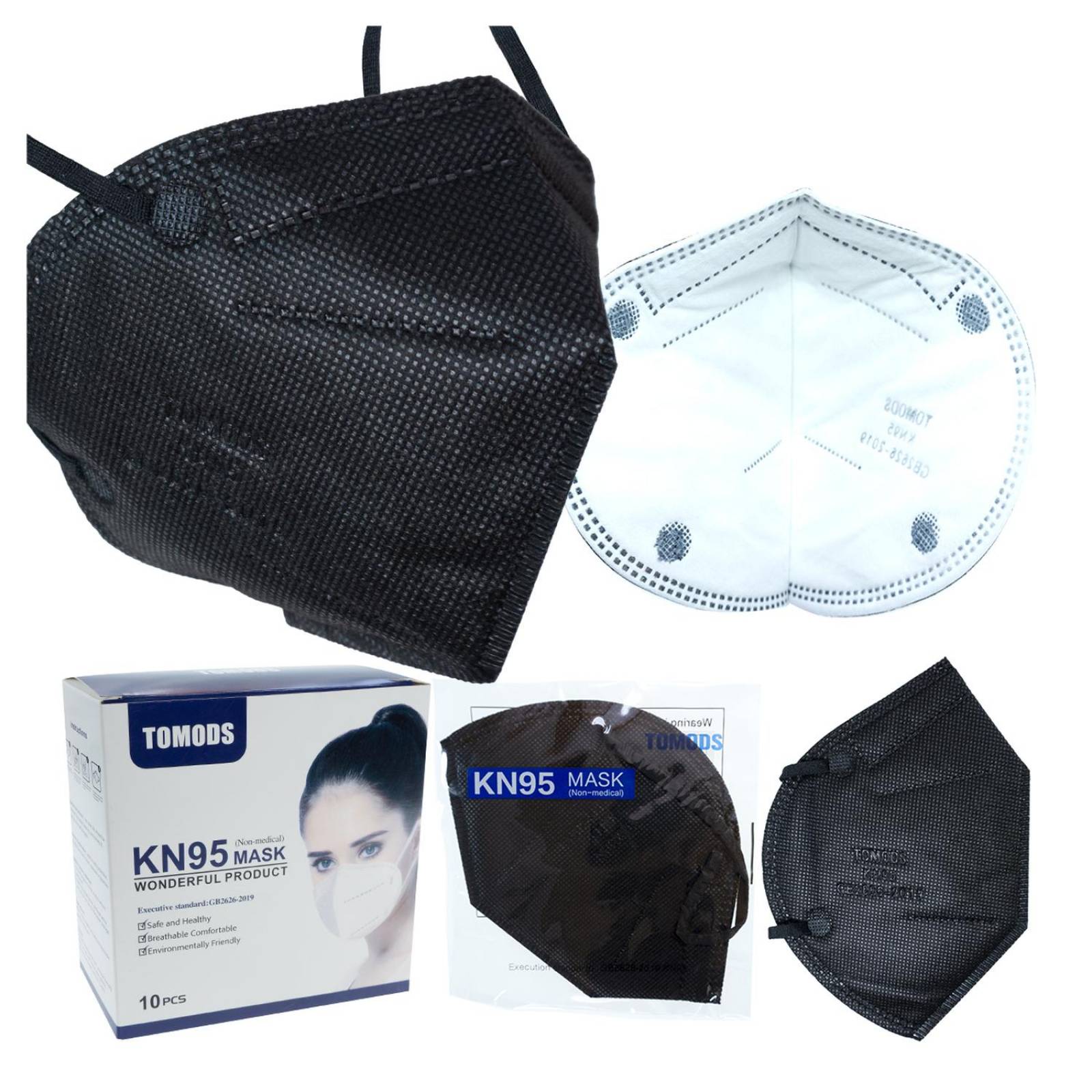 Kn95 Mascarillas Negro Caja10pz Cubrebocas Certificados 