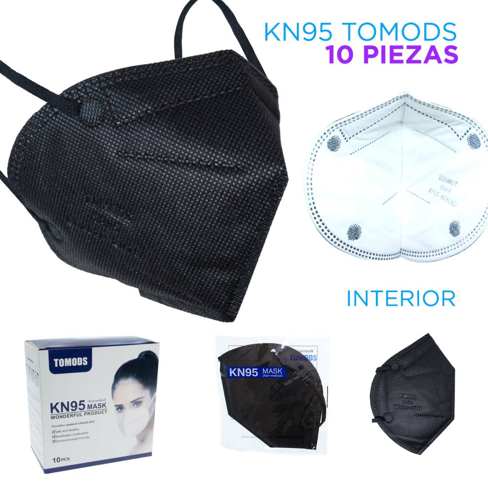 Kn95 Mascarillas Negro Caja10pz Cubrebocas Certificados 