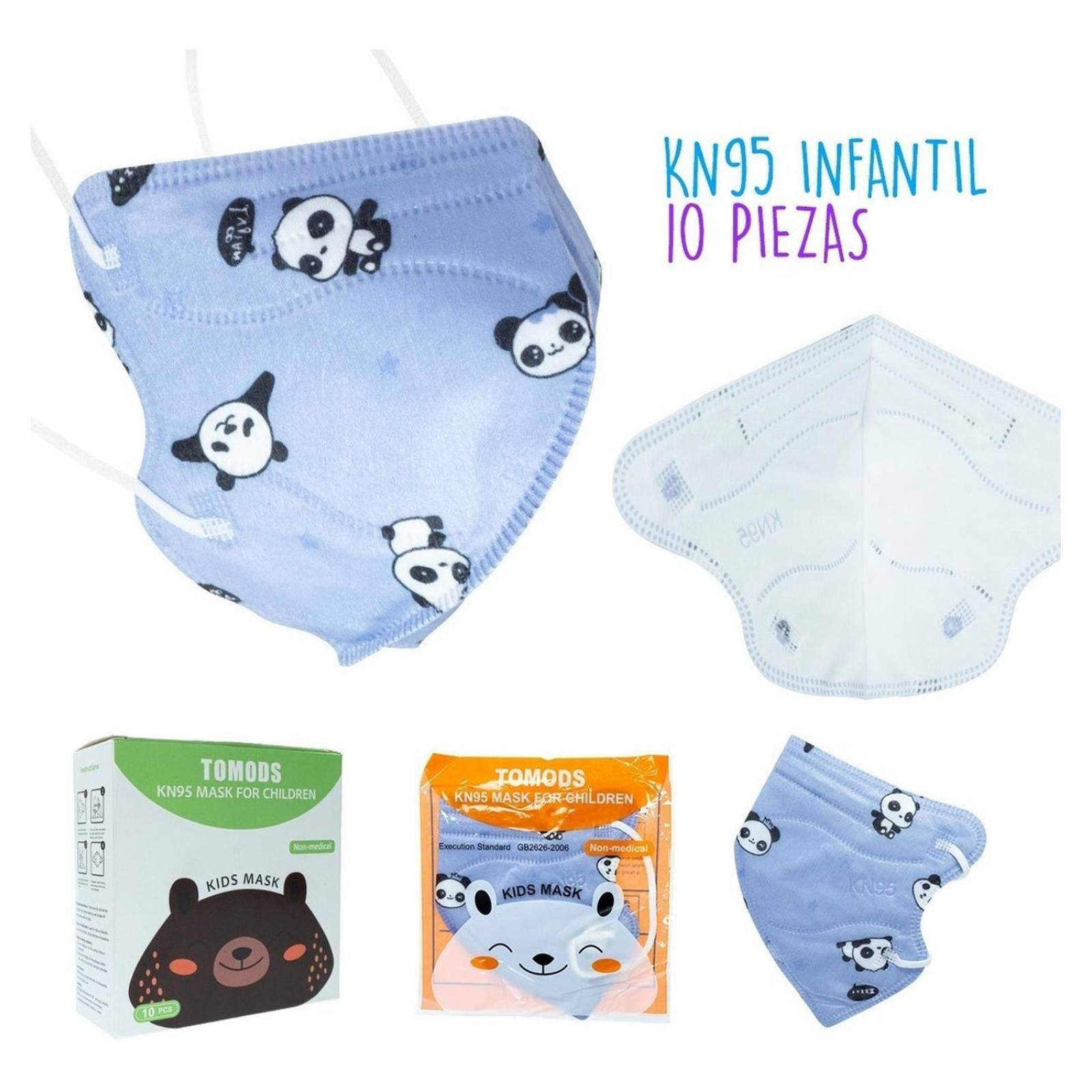 10 Cubrebocas kn95 Infantil Certificado, con 4 capas de protección, Edad sugerida 4 a 10 años. Mascarilla fabricada en  polipropileno, algodon y elástico, desechable.
