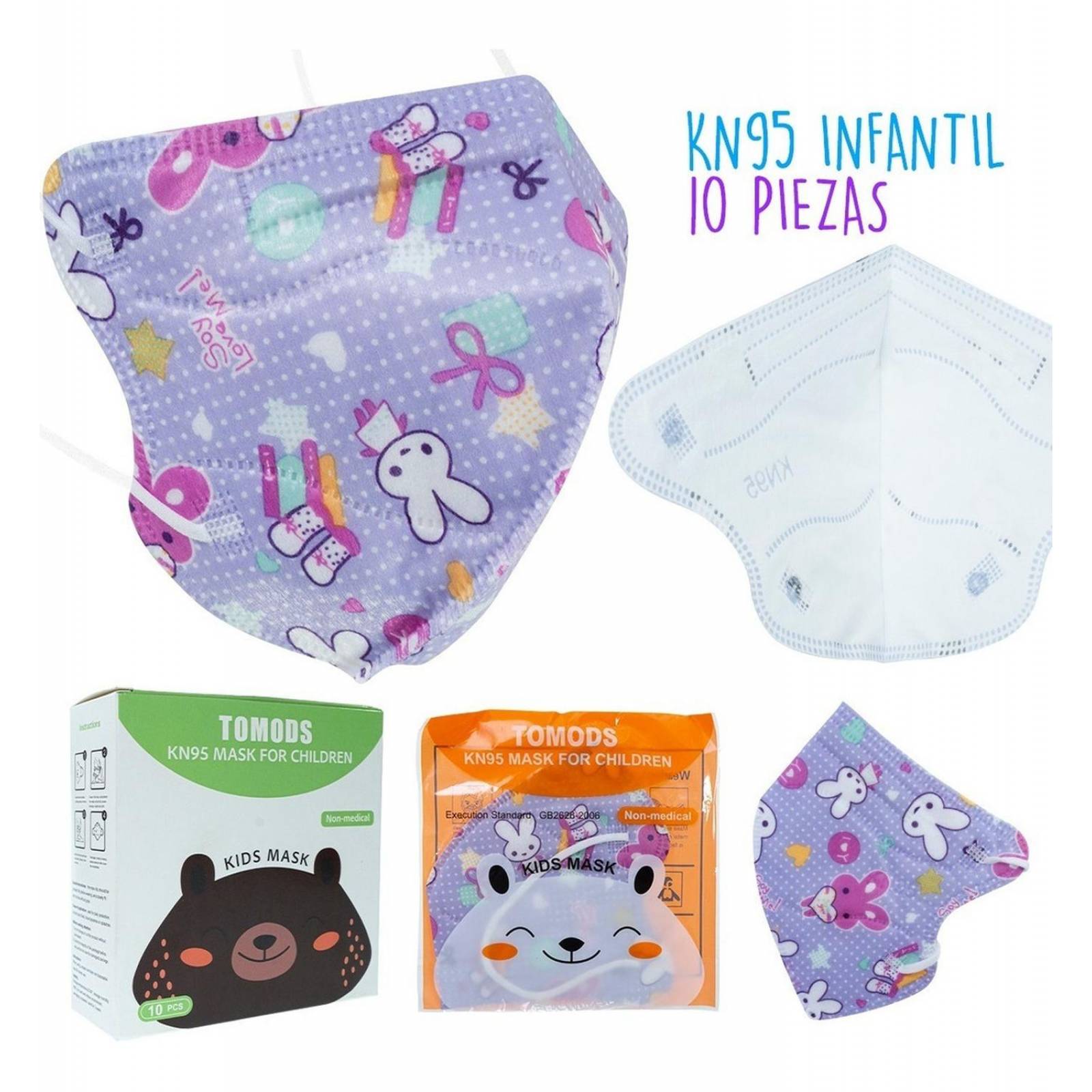 10 Cubrebocas kn95 Infantil Certificado, con 4 capas de protección, Edad sugerida 4 a 10 años. Mascarilla fabricada en polipropileno, algodon y elástico, desechable.